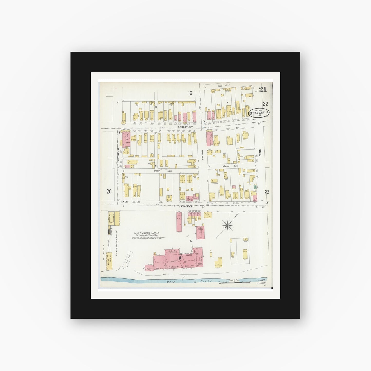 Old map wall art mockup — black gallery frame with white mat — Sanborn Fire Insurance Map from Jeffersonville, Clark County, Indiana (1898), Sheet #0021