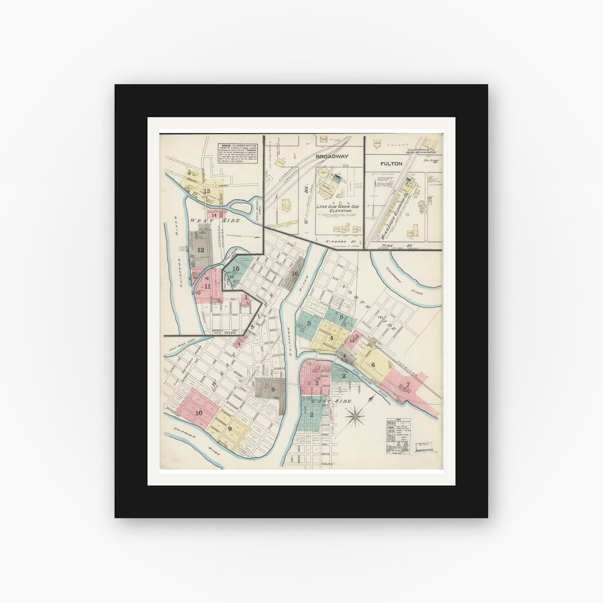 Old map wall art mockup — black gallery frame with white mat — Sanborn Fire Insurance Map from Eau Claire, Eau Claire County, Wisconsin (1883) - Complete Map Set