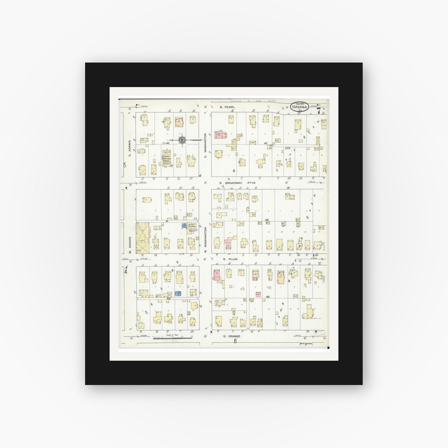 Old map wall art mockup — black gallery frame with white mat — Sanborn Fire Insurance Map from Havana, Mason County, Illinois (1914), Sheet #0007