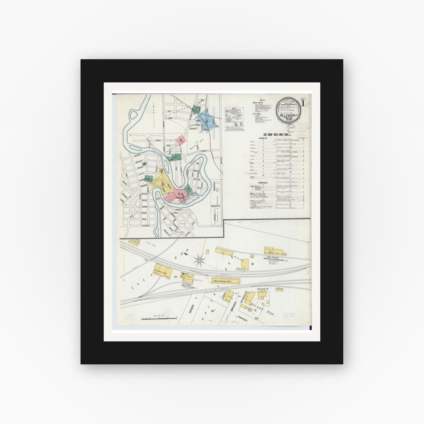 Old map wall art mockup — black gallery frame with white mat — Sanborn Fire Insurance Map from Allegan, Allegan County, Michigan (1899), Sheet #0001