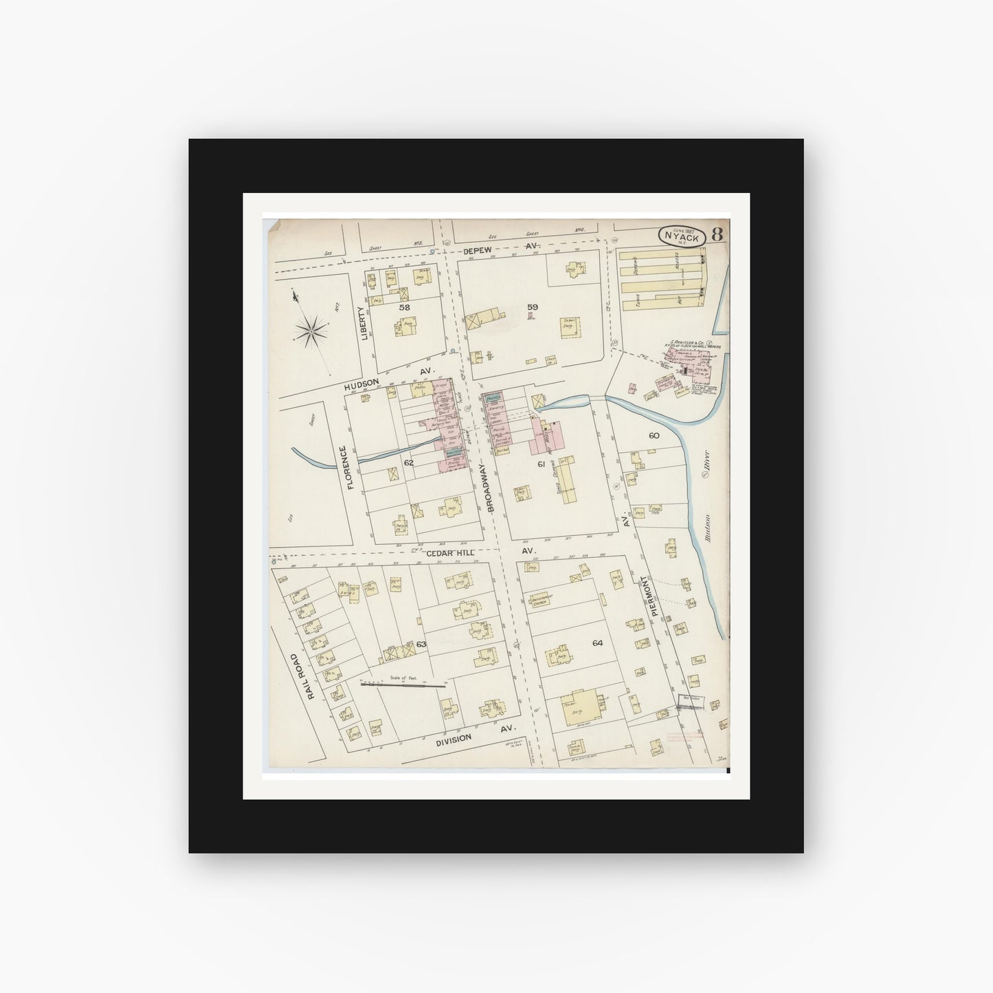 Old map wall art mockup — black gallery frame with white mat — Sanborn Fire Insurance Map from Nyack, Rockland County, New York. (1887), Sheet #0008