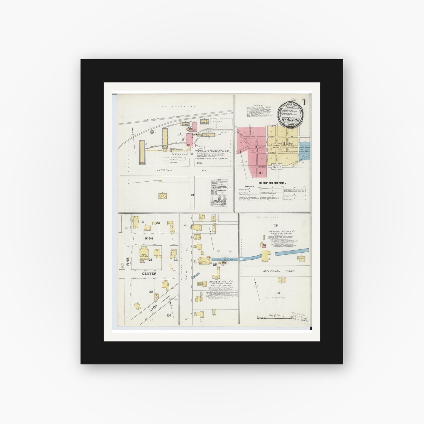 Old map wall art mockup β black gallery frame with white mat β Sanborn Fire Insurance Map from Mount Gilead, Morrow County, Ohio (1892) - Complete Map Set