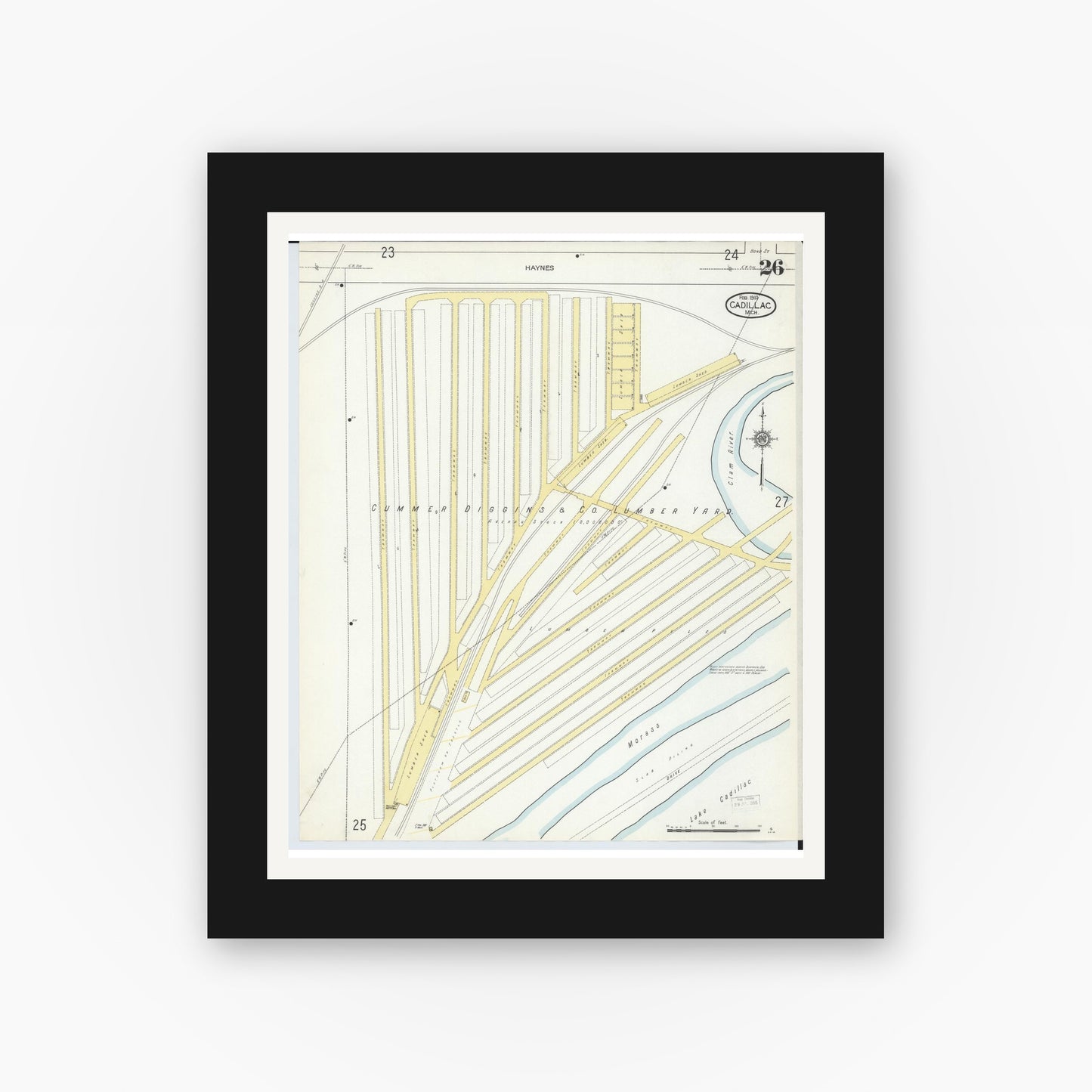 Old map wall art mockup — black gallery frame with white mat — Sanborn Fire Insurance Map from Cadillac, Wexford County, Michigan (1914), Sheet #0026