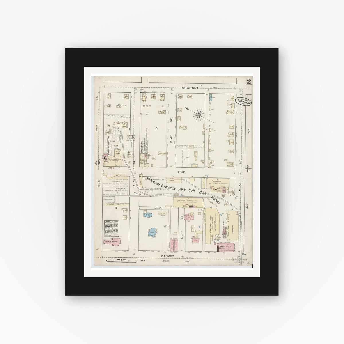 Old map wall art mockup — black gallery frame with white mat — Sanborn Fire Insurance Map from Berwick, Columbia County, Pennsylvania (1884), Sheet #0002