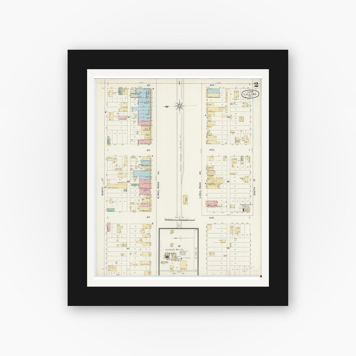 Old map wall art mockup — black gallery frame with white mat — Sanborn Fire Insurance Map from Luling, Caldwell County, Texas (1896), Sheet #0002