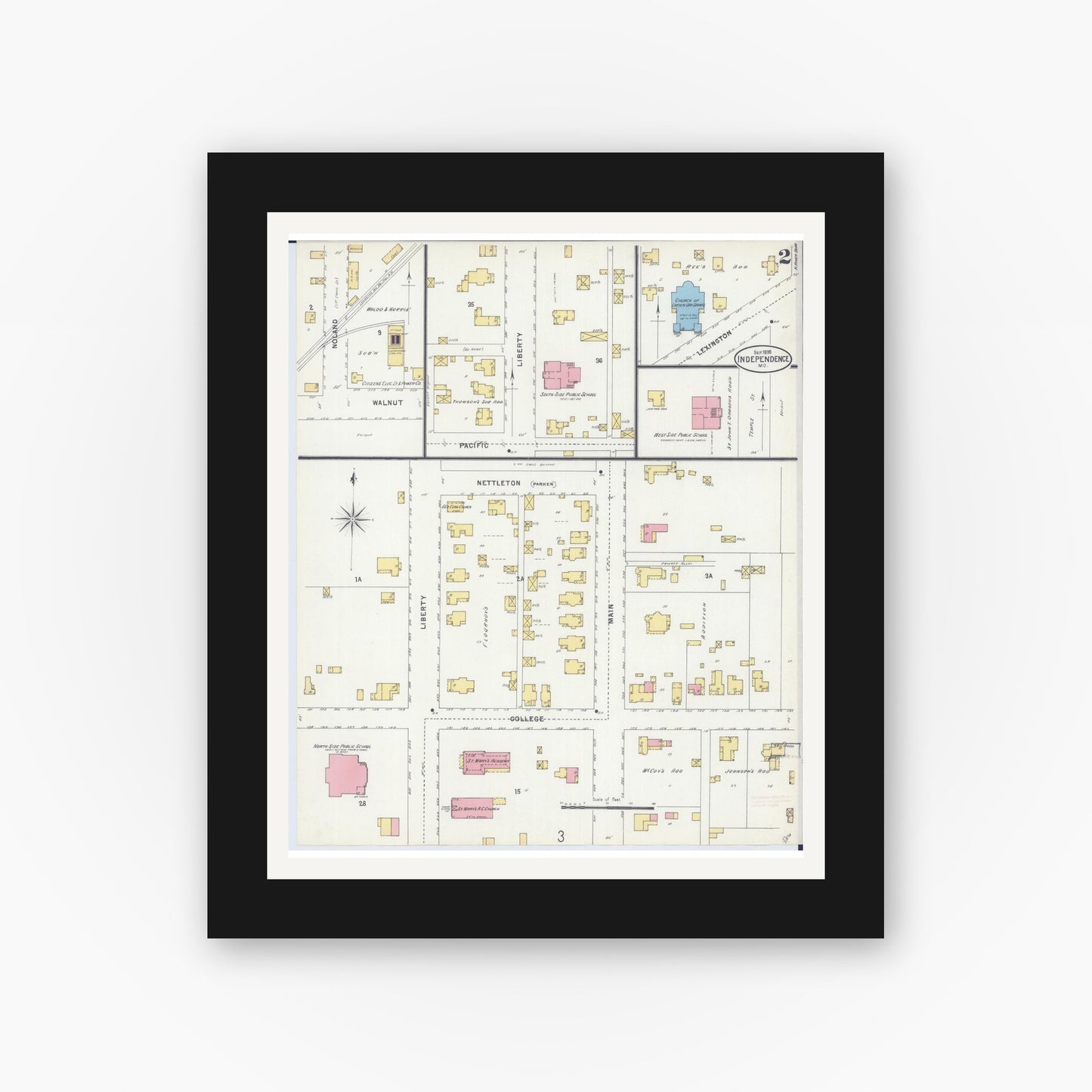 Old map wall art mockup — black gallery frame with white mat — Sanborn Fire Insurance Map from Independence, Jackson County, Missouri (1898), Sheet #0002
