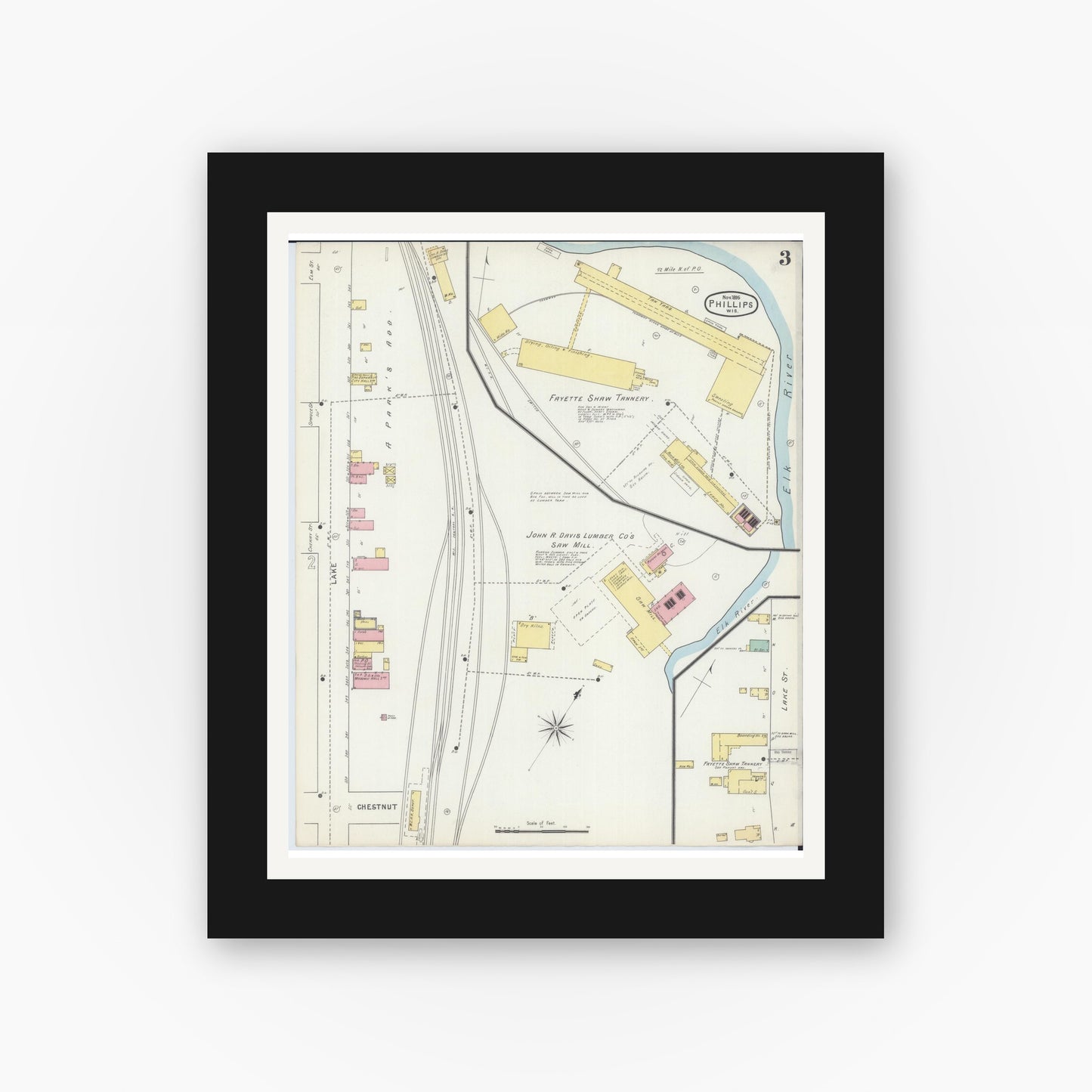 Old map wall art mockup — black gallery frame with white mat — Sanborn Fire Insurance Map from Phillips, Price County, Wisconsin (1895), Sheet #0003