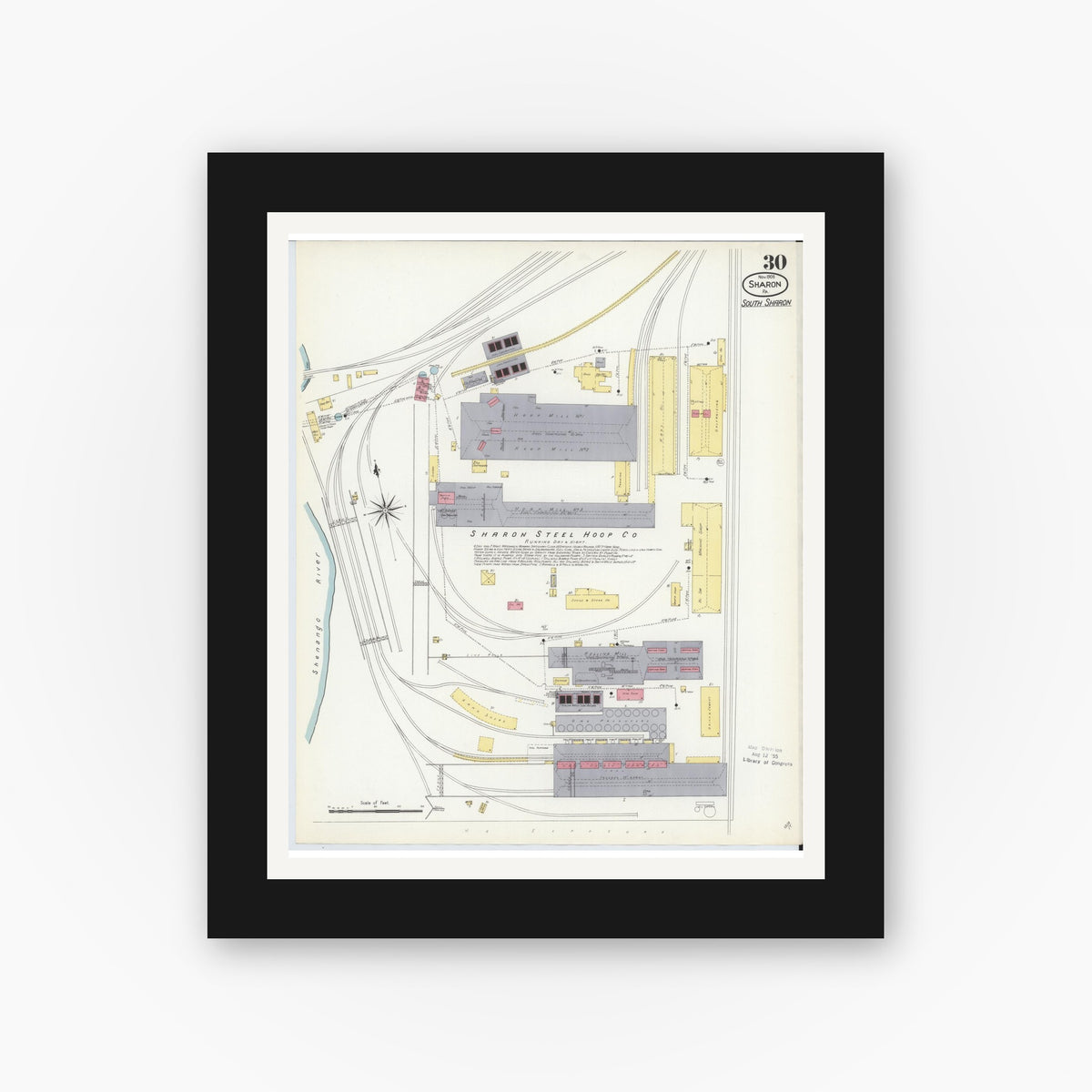Old map wall art mockup β black gallery frame with white mat β Sanborn Fire Insurance Map from Sharon, Mercer County, Pennsylvania (1908), Sheet #0030