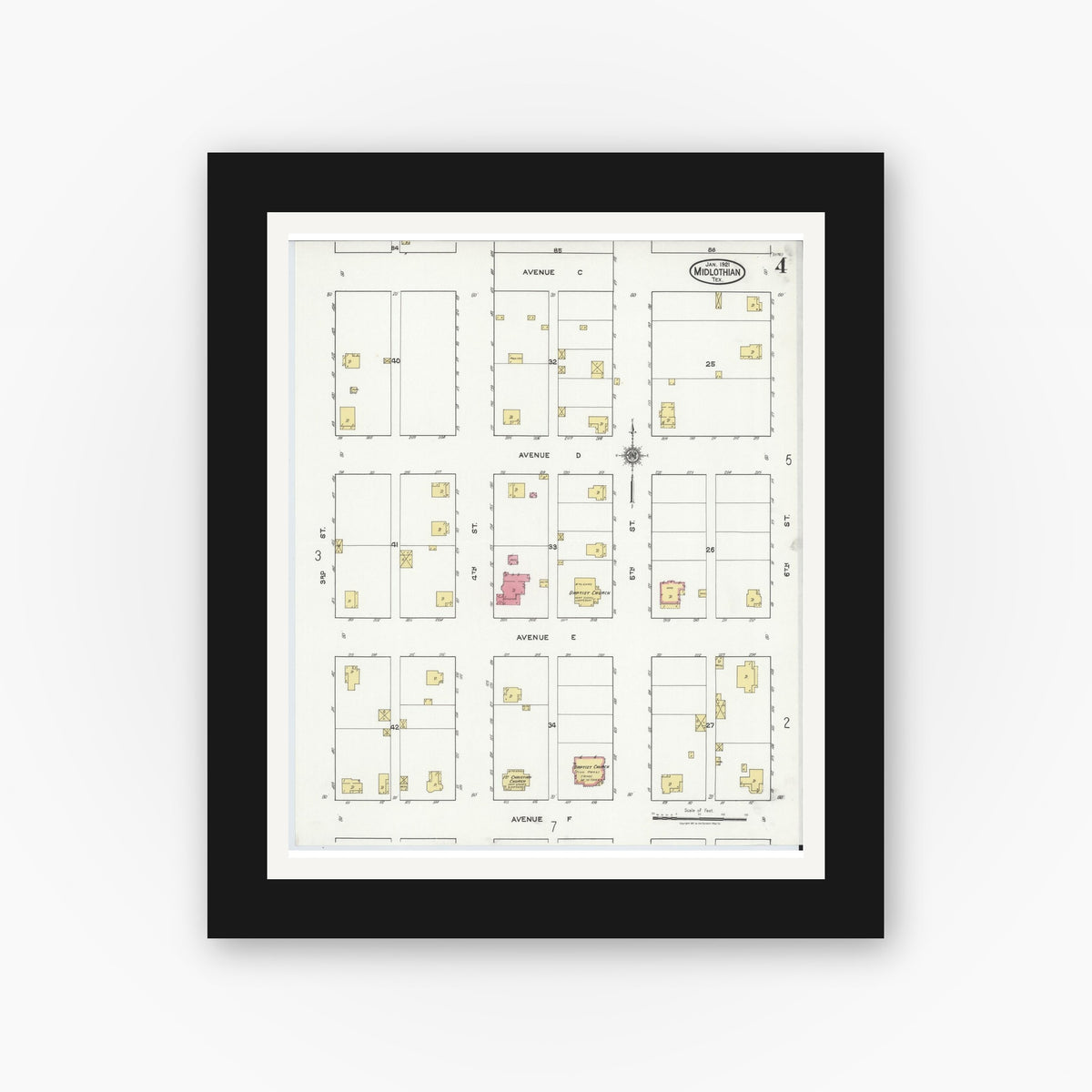 Old map wall art mockup — black gallery frame with white mat — Sanborn Fire Insurance Map from Midlothian, Ellis County, Texas (1921), Sheet #0004