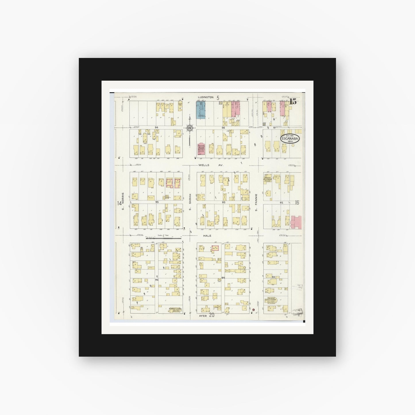 Old map wall art mockup — black gallery frame with white mat — Sanborn Fire Insurance Map from Escanaba, Delta County, Michigan (1913), Sheet #0015