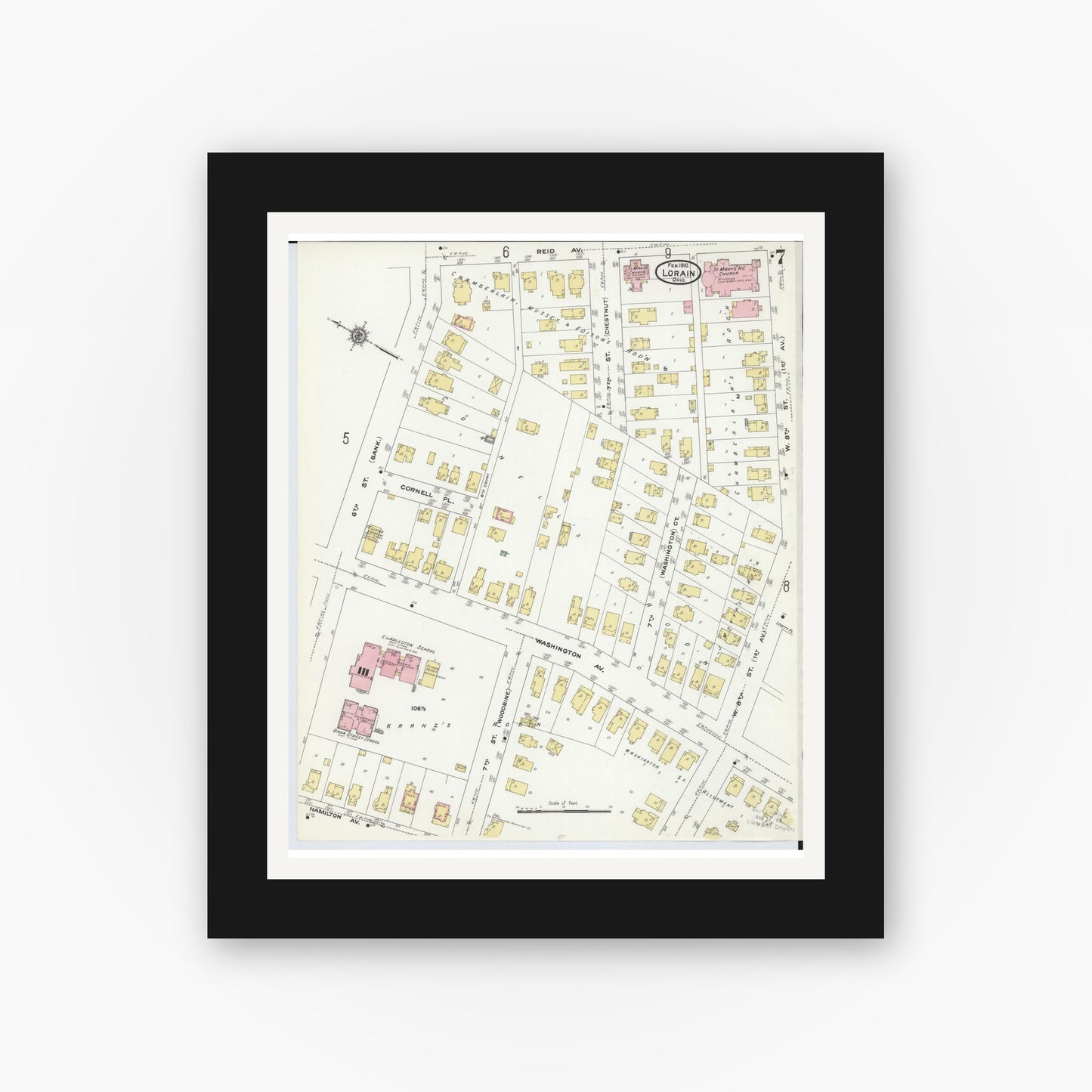 Old map wall art mockup — black gallery frame with white mat — Sanborn Fire Insurance Map from Lorain, Lorain County, Ohio (1910), Sheet #0007