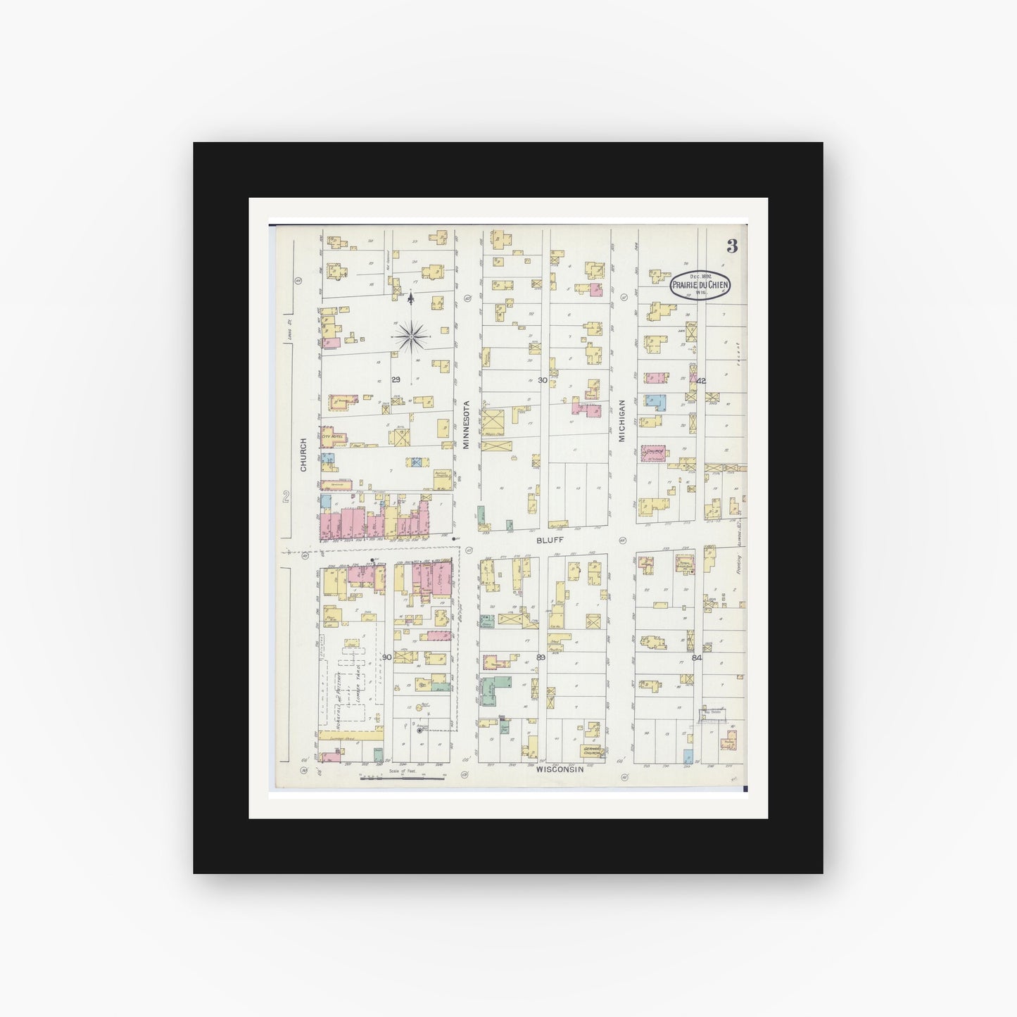Old map wall art mockup — black gallery frame with white mat — Sanborn Fire Insurance Map from Prairie du Chien, Crawford County, Wisconsin (1892), Sheet #0003