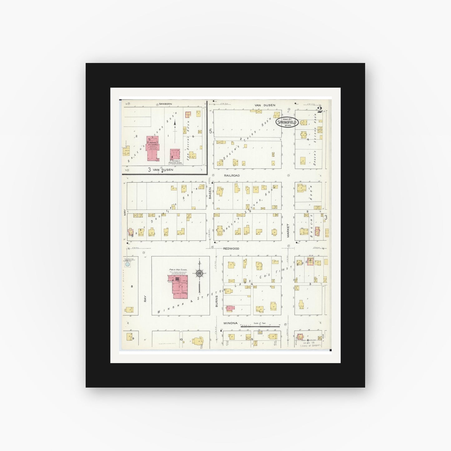 Old map wall art mockup — black gallery frame with white mat — Sanborn Fire Insurance Map from Springfield, Brown County, Minnesota (1917), Sheet #0002