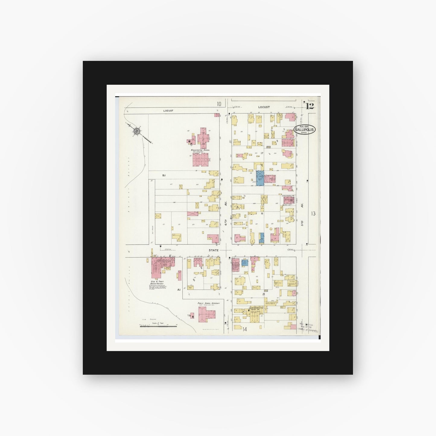 Old map wall art mockup — black gallery frame with white mat — Sanborn Fire Insurance Map from Gallipolis, Gallia County, Ohio (1916), Sheet #0012