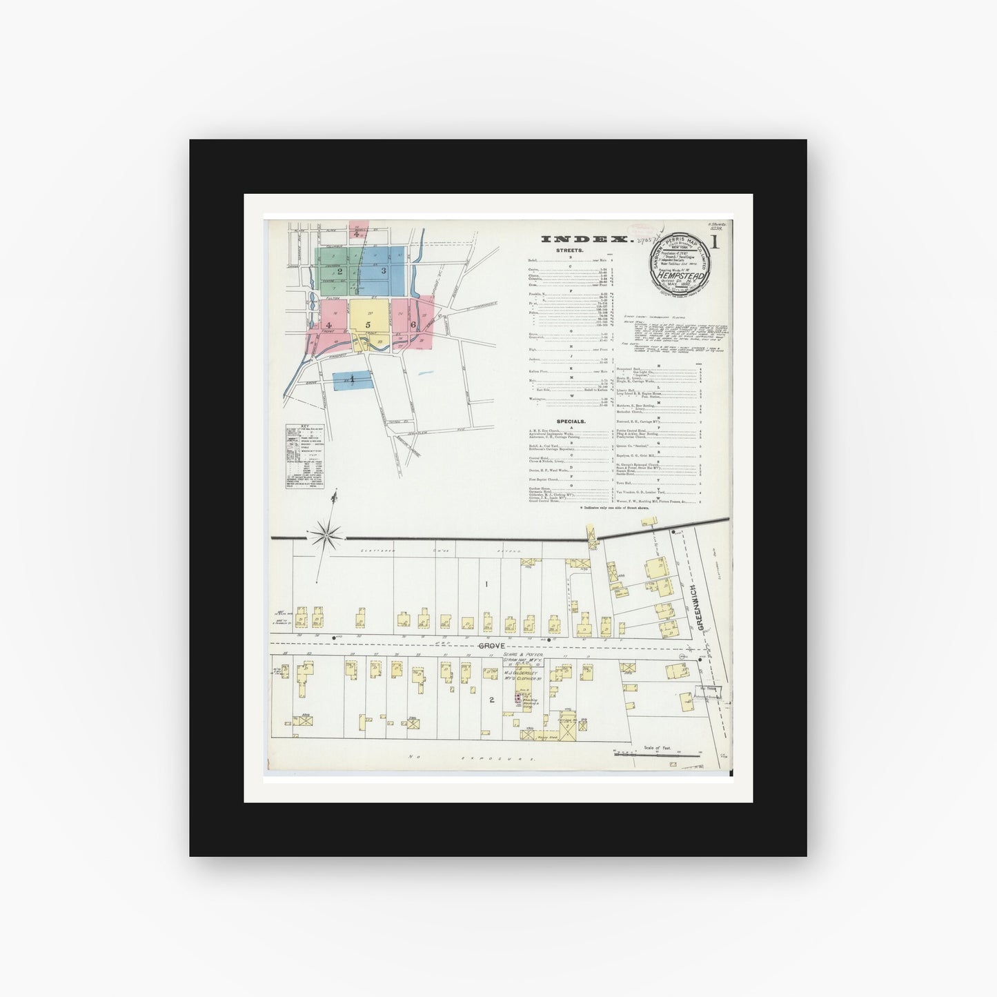 Old map wall art mockup — black gallery frame with white mat — Sanborn Fire Insurance Map from Hempstead, Nassau County, New York (1892) - Complete Map Set