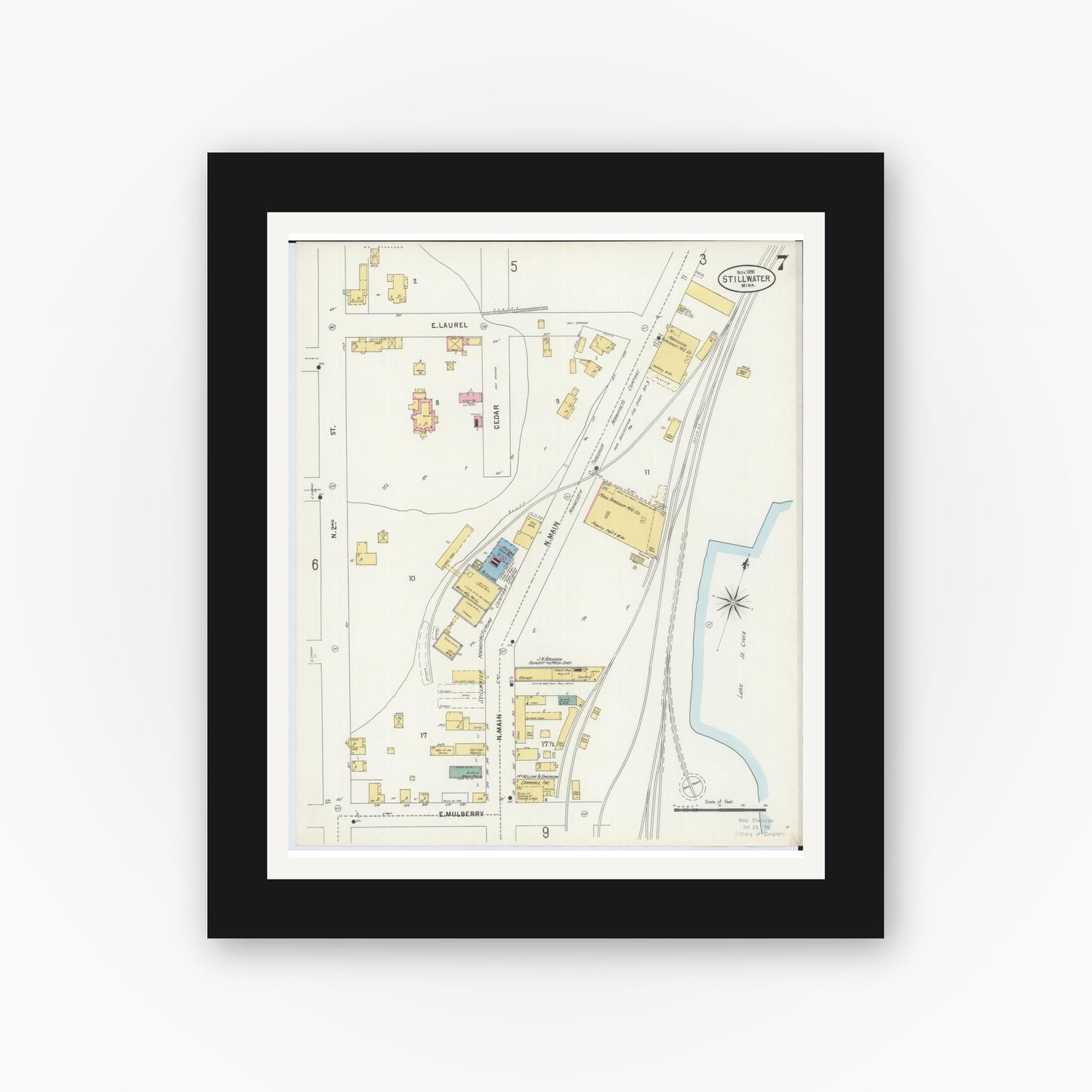 Old map wall art mockup — black gallery frame with white mat — Sanborn Fire Insurance Map from Stillwater, Washington County, Minnesota (1898), Sheet #0007