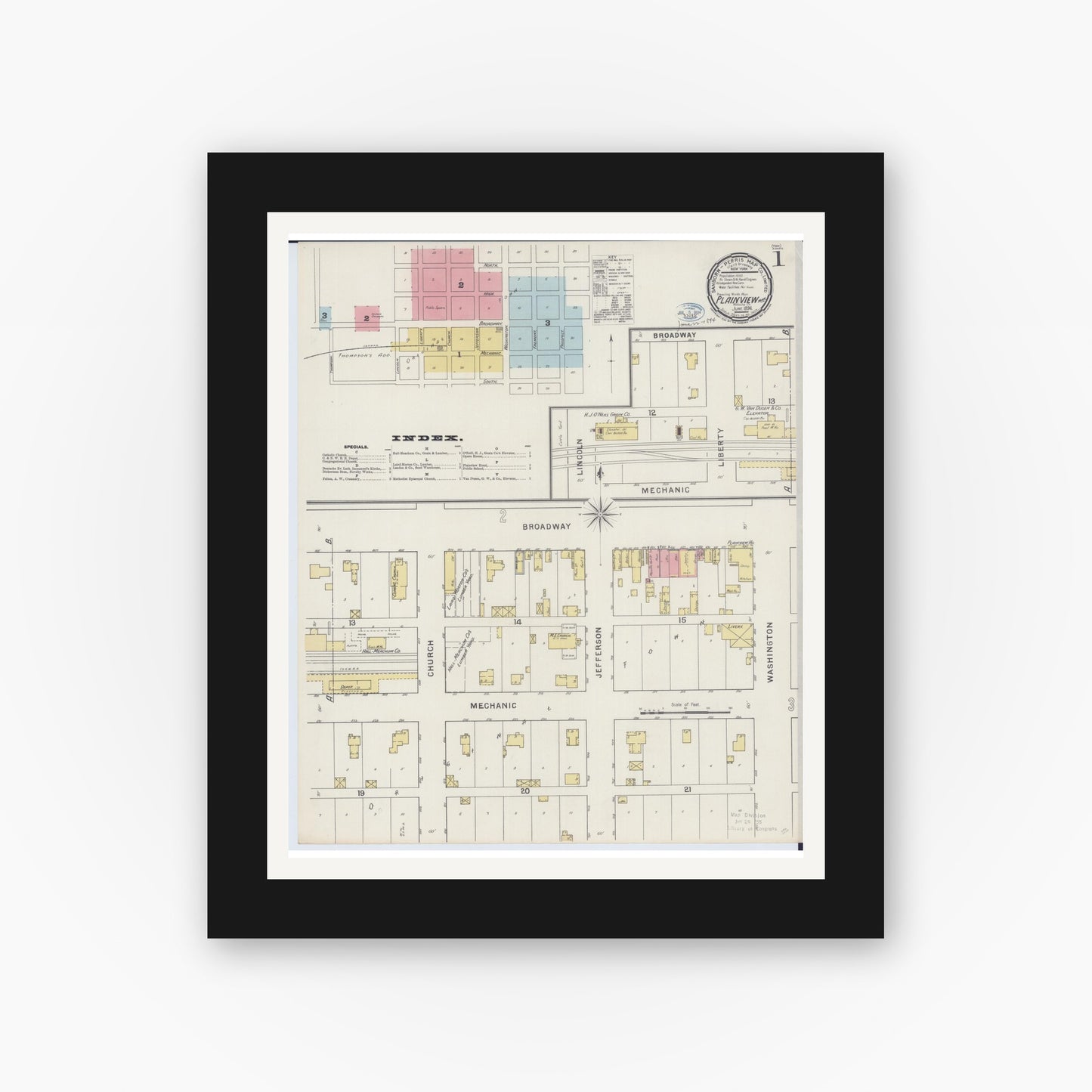 Old map wall art mockup — black gallery frame with white mat — Sanborn Fire Insurance Map from Plainview, Wabasha County, Minnesota (1894) - Complete Map Set