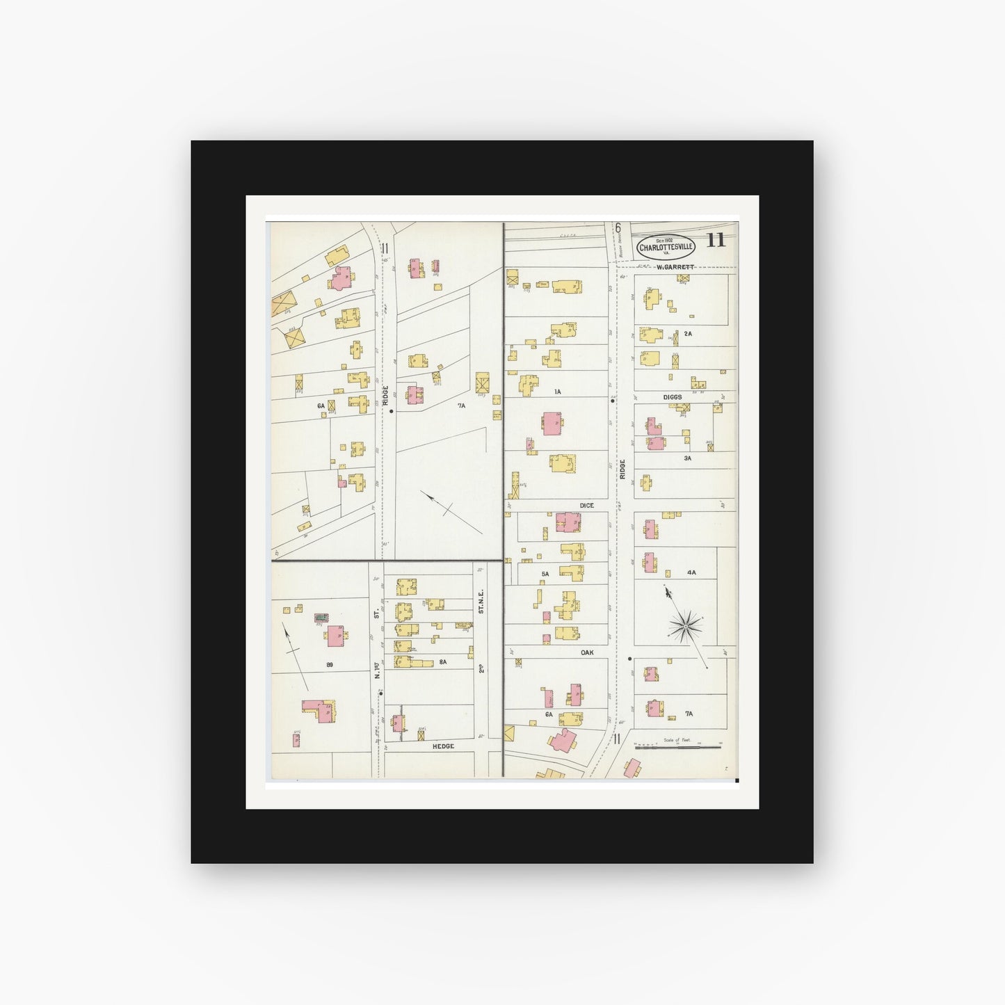 Old map wall art mockup — black gallery frame with white mat — Sanborn Fire Insurance Map from Charlottesville, Independent Cities, Virginia (1902), Sheet #0011