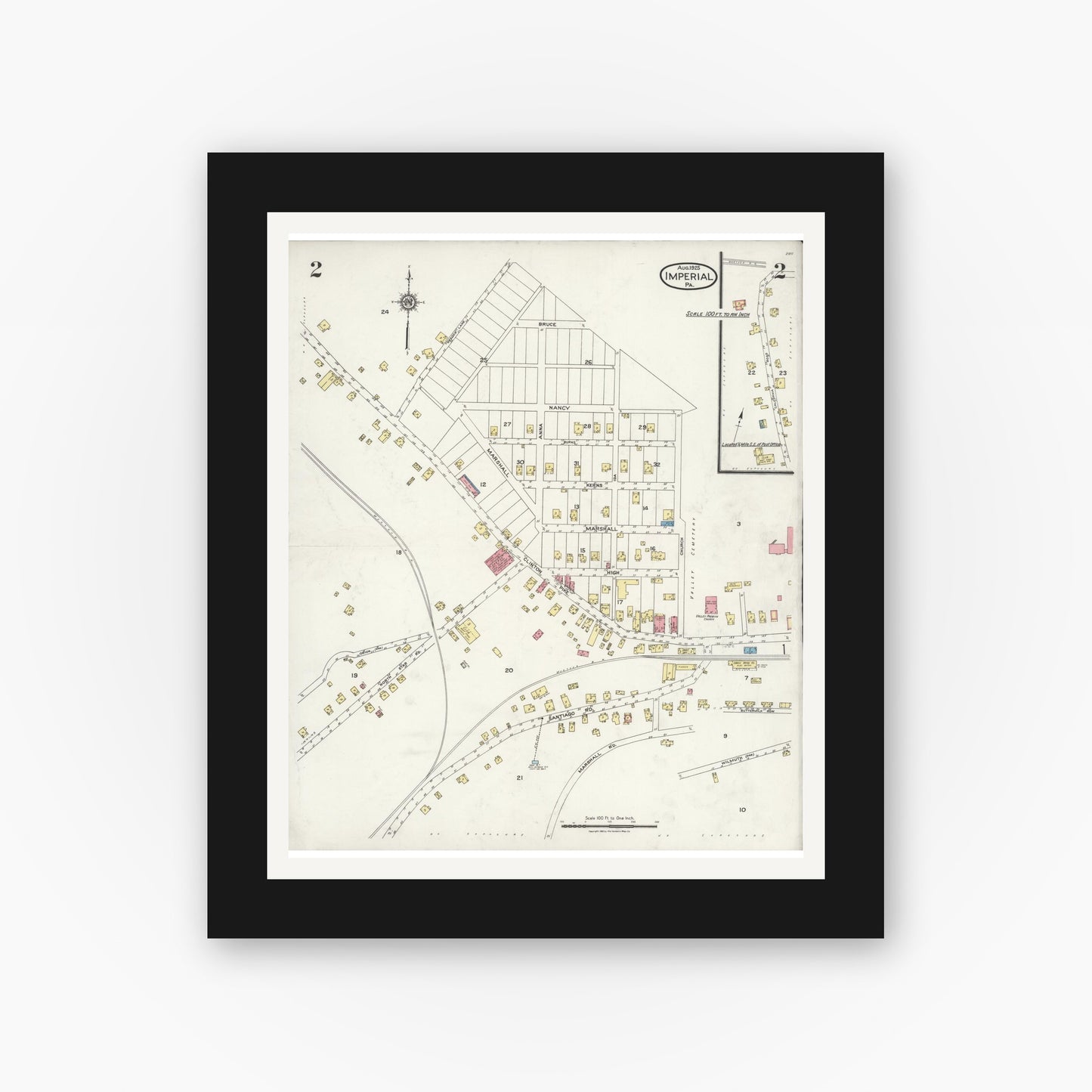 Old map wall art mockup — black gallery frame with white mat — Sanborn Fire Insurance Map from Imperial, Allegheny County, Pennsylvania (1925), Sheet #0002