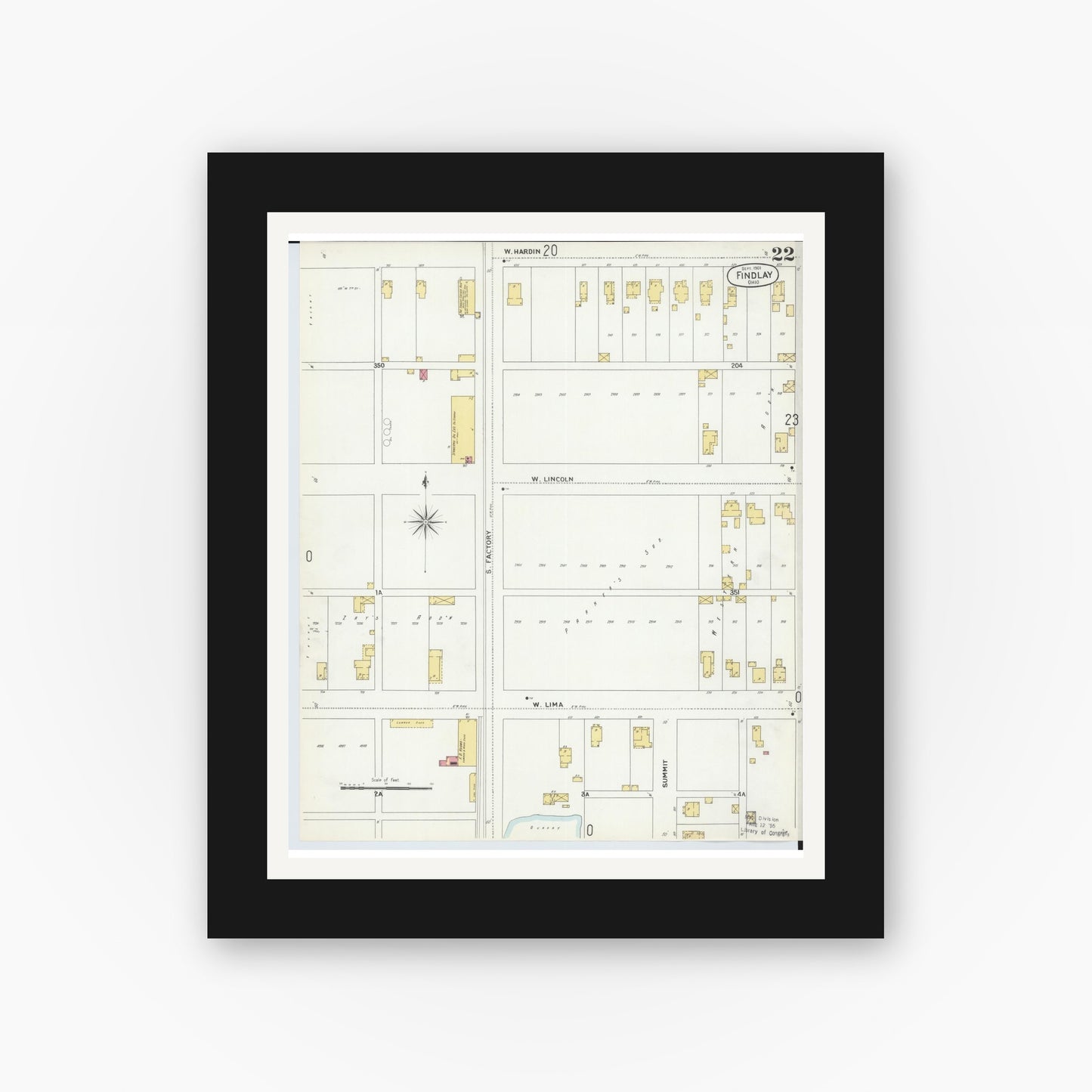 Old map wall art mockup — black gallery frame with white mat — Sanborn Fire Insurance Map from Findlay, Hancock County, Ohio (1901), Sheet #0022