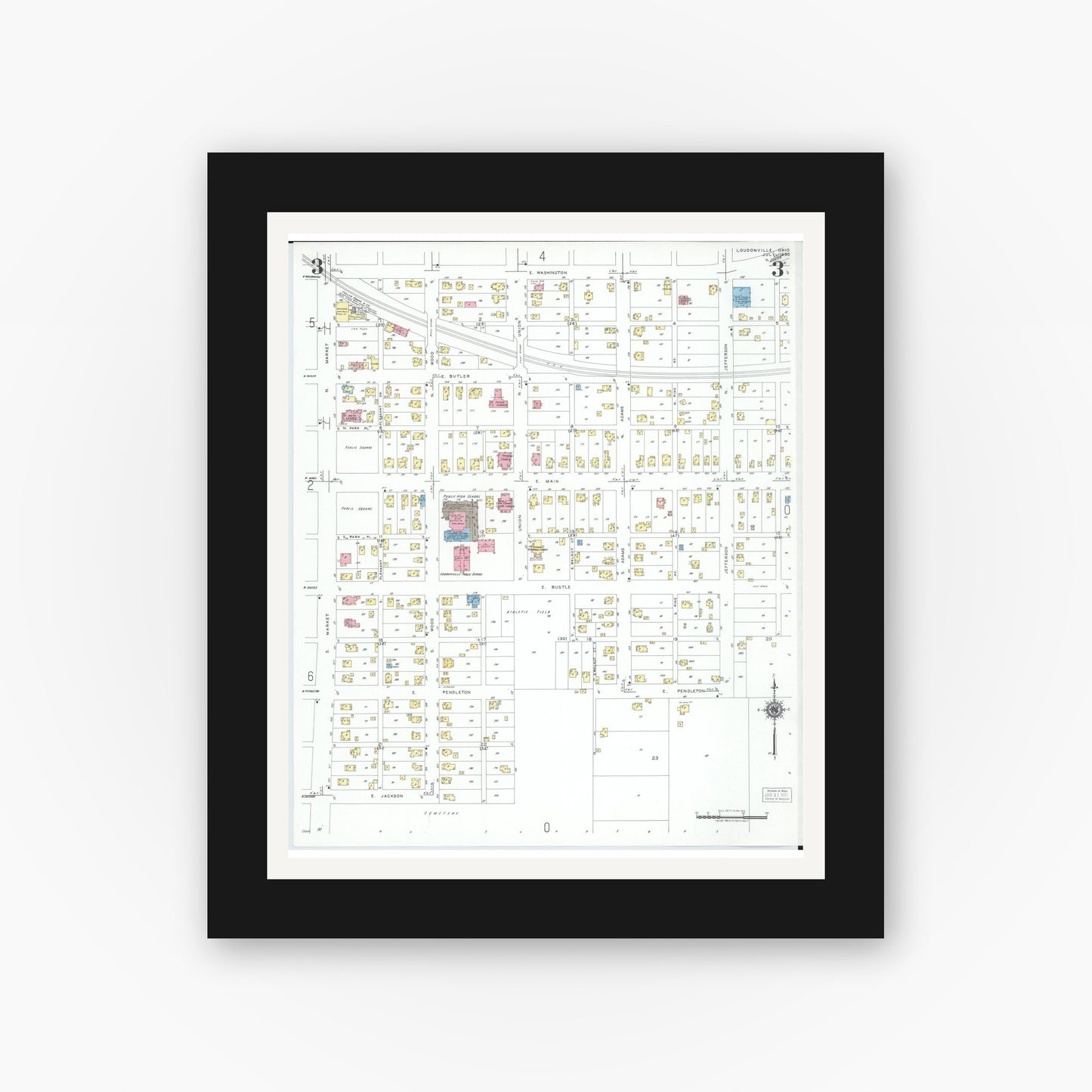 Old map wall art mockup — black gallery frame with white mat — Sanborn Fire Insurance Map from Loudonville, Ashland County, Ohio (1950), Sheet #0003