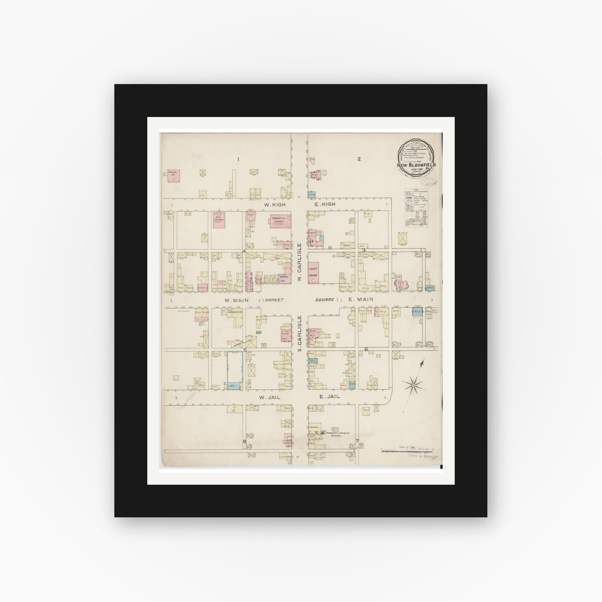 Old map wall art mockup — black gallery frame with white mat — Sanborn Fire Insurance Map from New Bloomfield, Perry County, Pennsylvania (1886), Sheet #0001