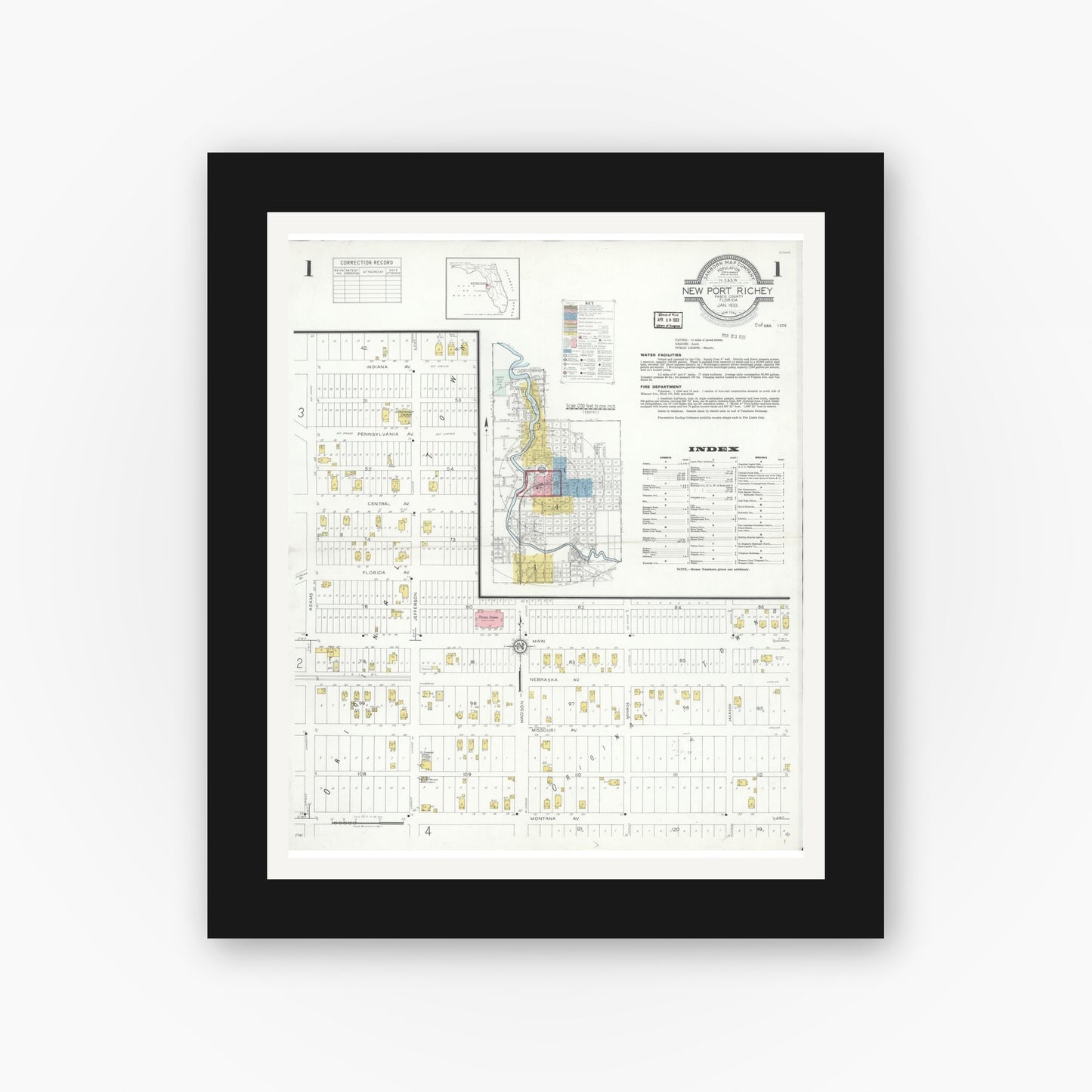 Old map wall art mockup — black gallery frame with white mat — Sanborn Fire Insurance Map from New Port Richey, Pasco County, Florida (1933) - Complete Map Set