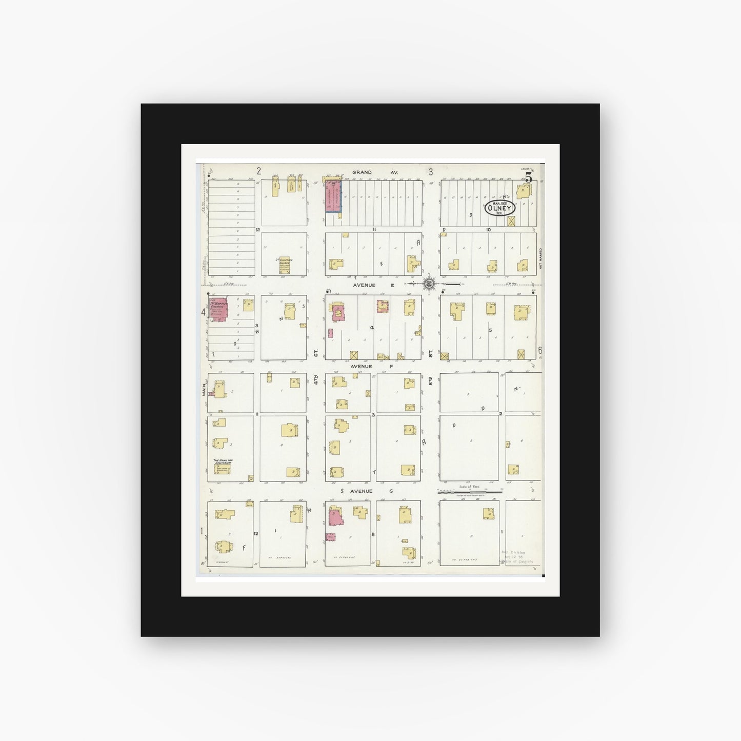 Old map wall art mockup — black gallery frame with white mat — Sanborn Fire Insurance Map from Olney, Young County, Texas (1921), Sheet #0005