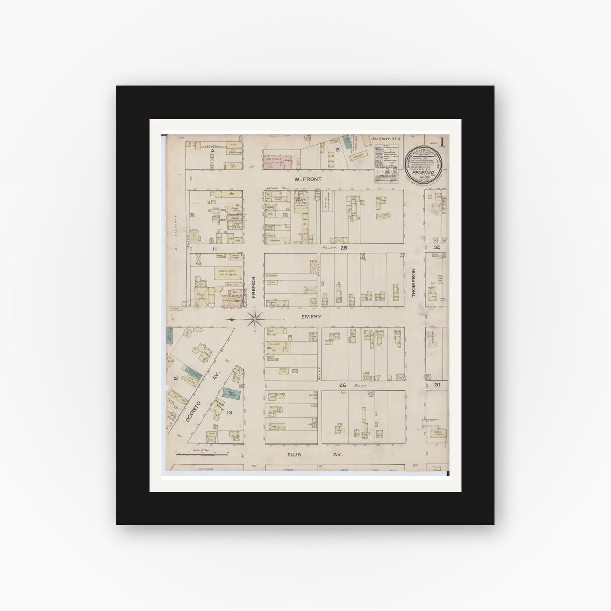 Old map wall art mockup — black gallery frame with white mat — Sanborn Fire Insurance Map from Peshtigo, Marinette County, Wisconsin (1887), Sheet #0001