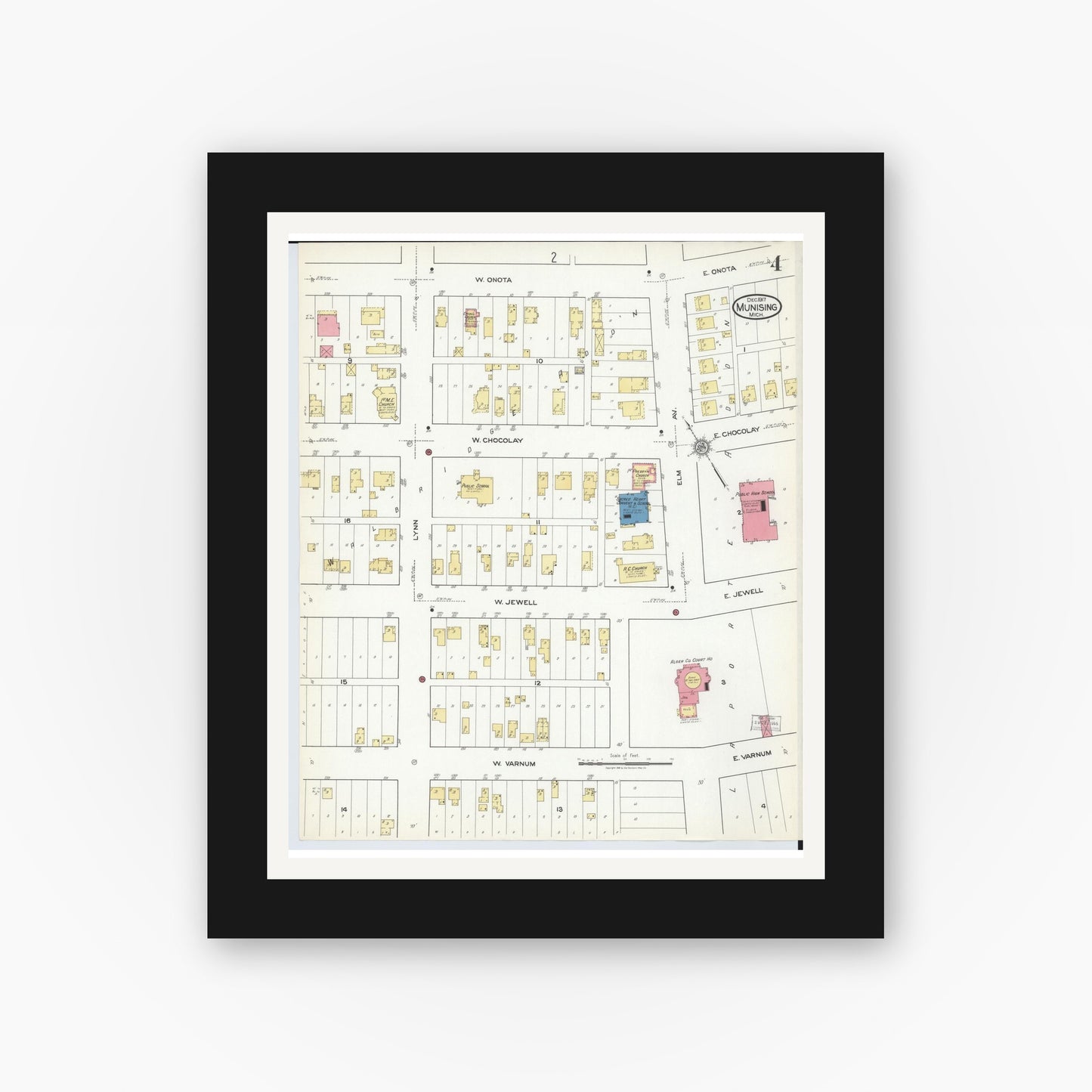 Old map wall art mockup — black gallery frame with white mat — Sanborn Fire Insurance Map from Munising, Alger County, Michigan (1917), Sheet #0004