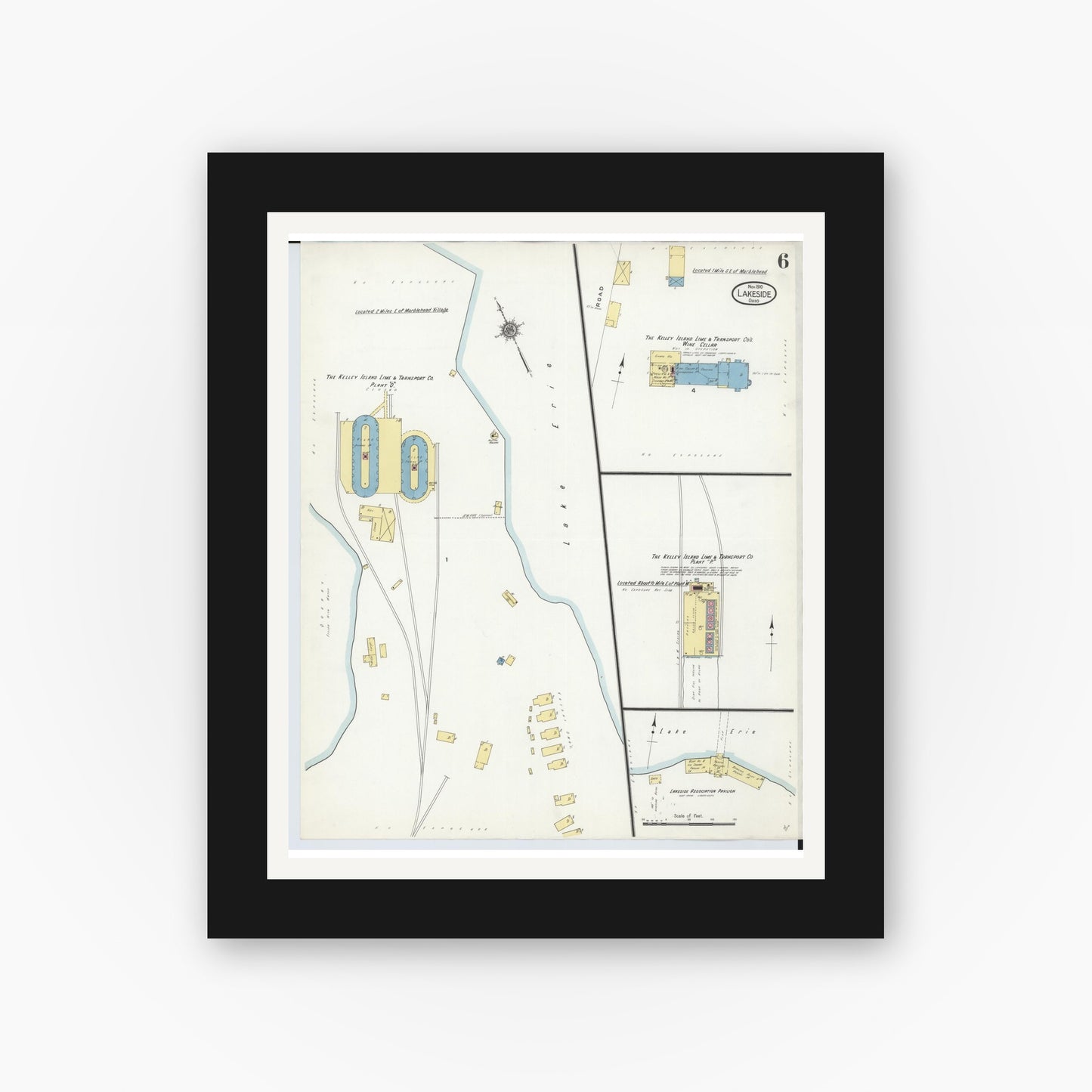 Old map wall art mockup — black gallery frame with white mat — Sanborn Fire Insurance Map from Lakeside, Ottawa County, Ohio (1910), Sheet #0006