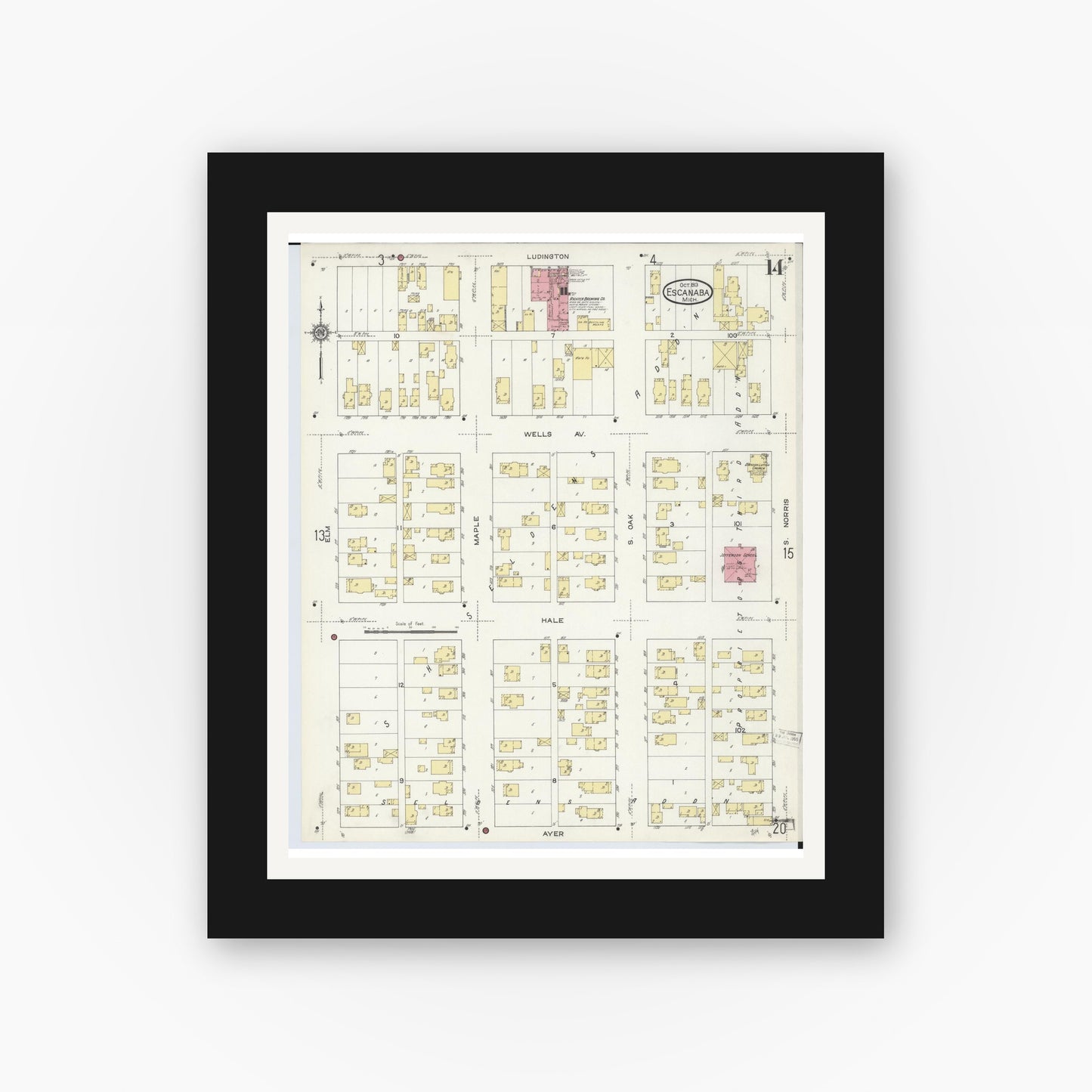 Old map wall art mockup — black gallery frame with white mat — Sanborn Fire Insurance Map from Escanaba, Delta County, Michigan (1913), Sheet #0014
