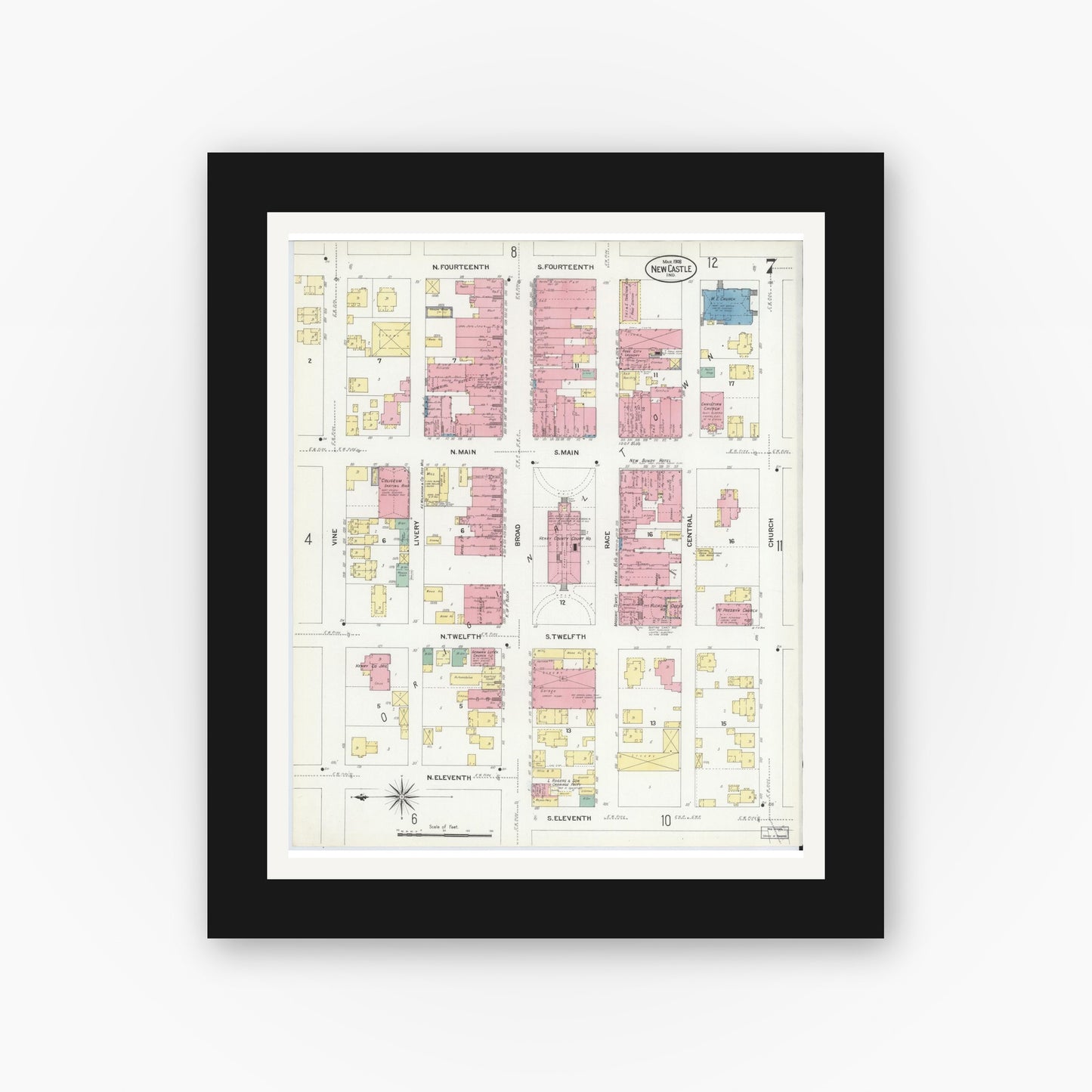 Old map wall art mockup — black gallery frame with white mat — Sanborn Fire Insurance Map from New Castle, Henry County, Indiana (1908), Sheet #0007