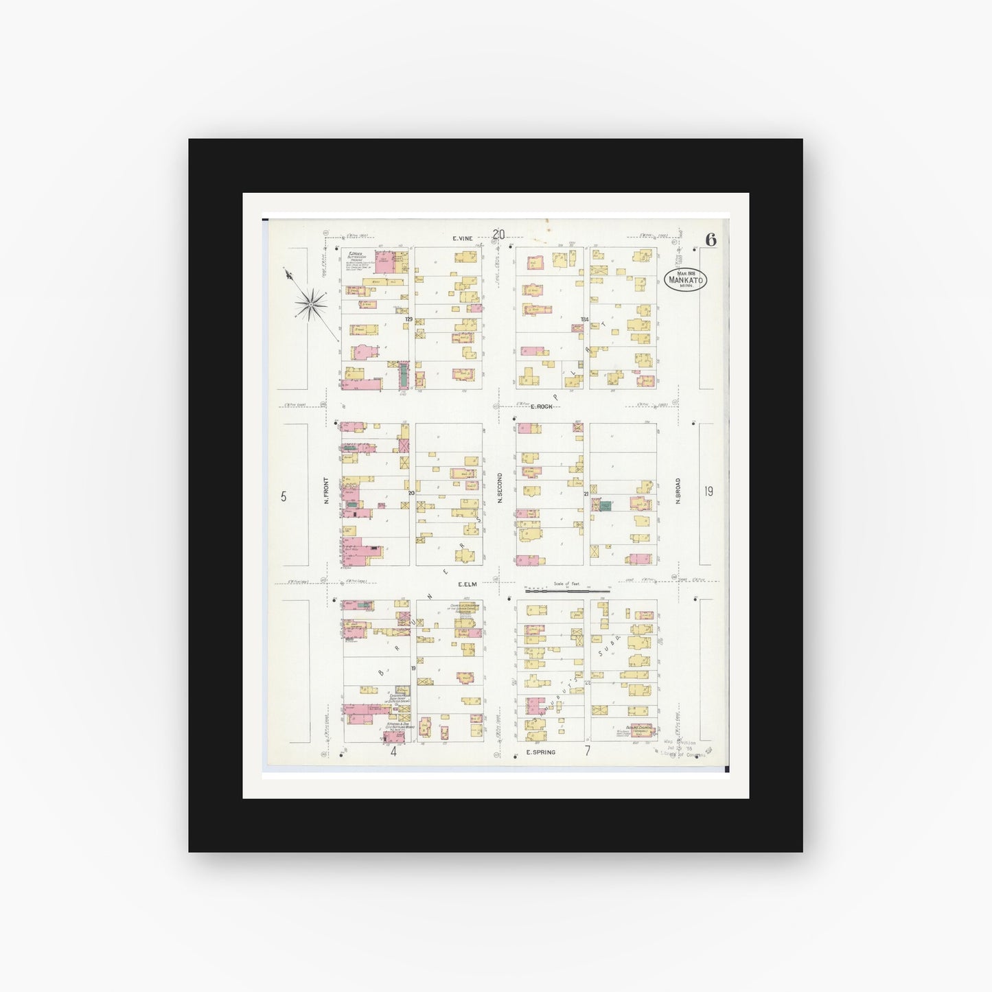 Old map wall art mockup — black gallery frame with white mat — Sanborn Fire Insurance Map from Mankato, Blue Earth County, Minnesota (1908), Sheet #0006