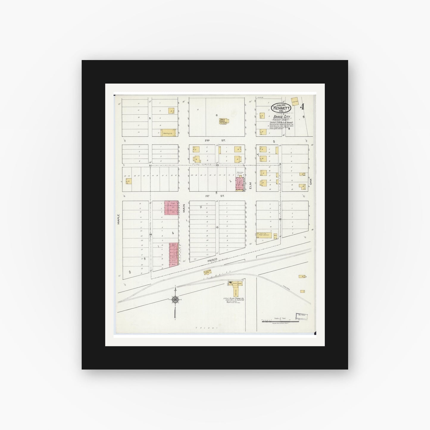 Old map wall art mockup — black gallery frame with white mat — Sanborn Fire Insurance Map from Kennett, Dunklin County, Missouri (1919), Sheet #0004