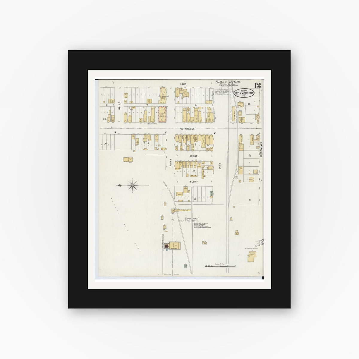 Old map wall art mockup — black gallery frame with white mat — Sanborn Fire Insurance Map from Iron Mountain, Dickinson County, Michigan (1897), Sheet #0012
