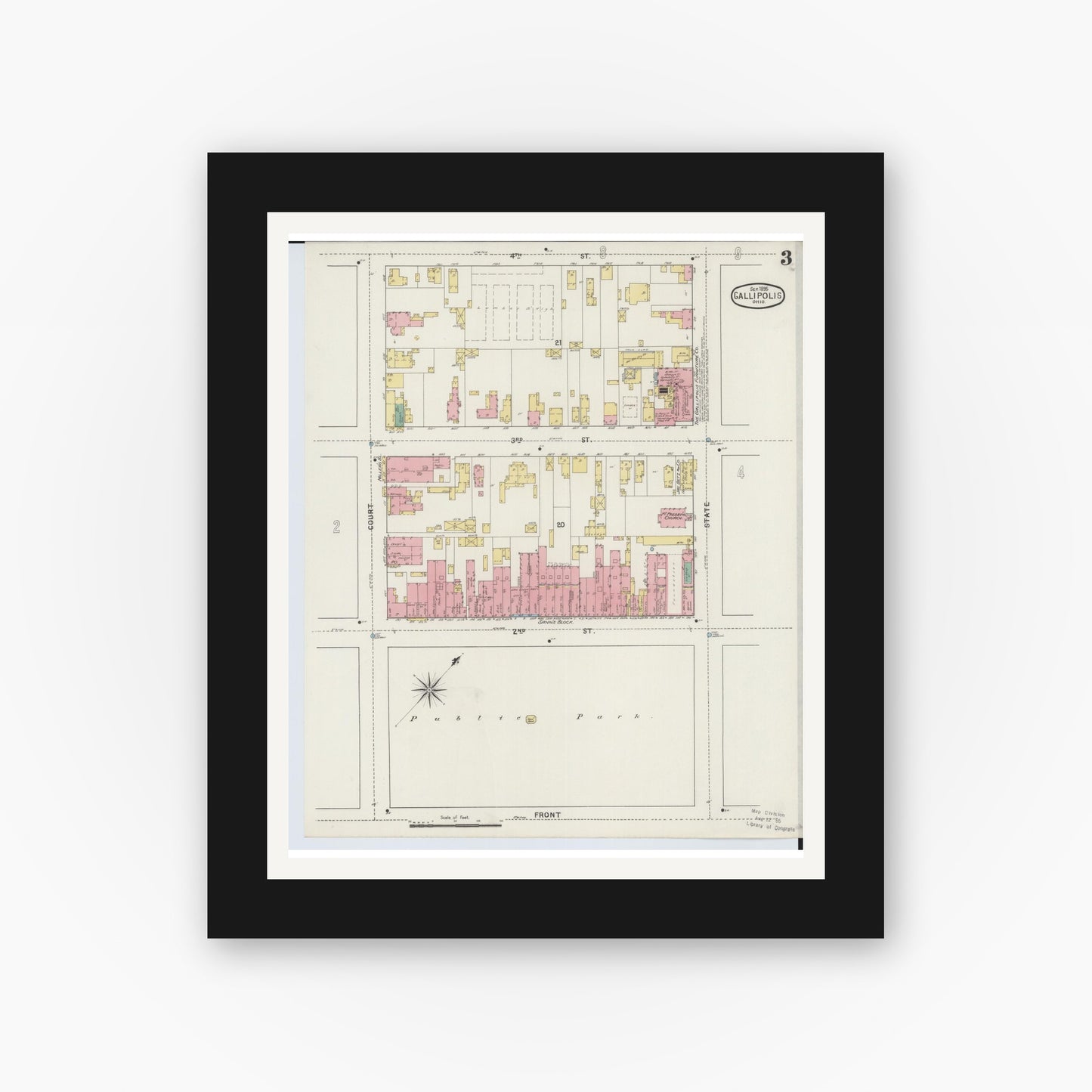 Old map wall art mockup — black gallery frame with white mat — Sanborn Fire Insurance Map from Gallipolis, Gallia County, Ohio (1895), Sheet #0003