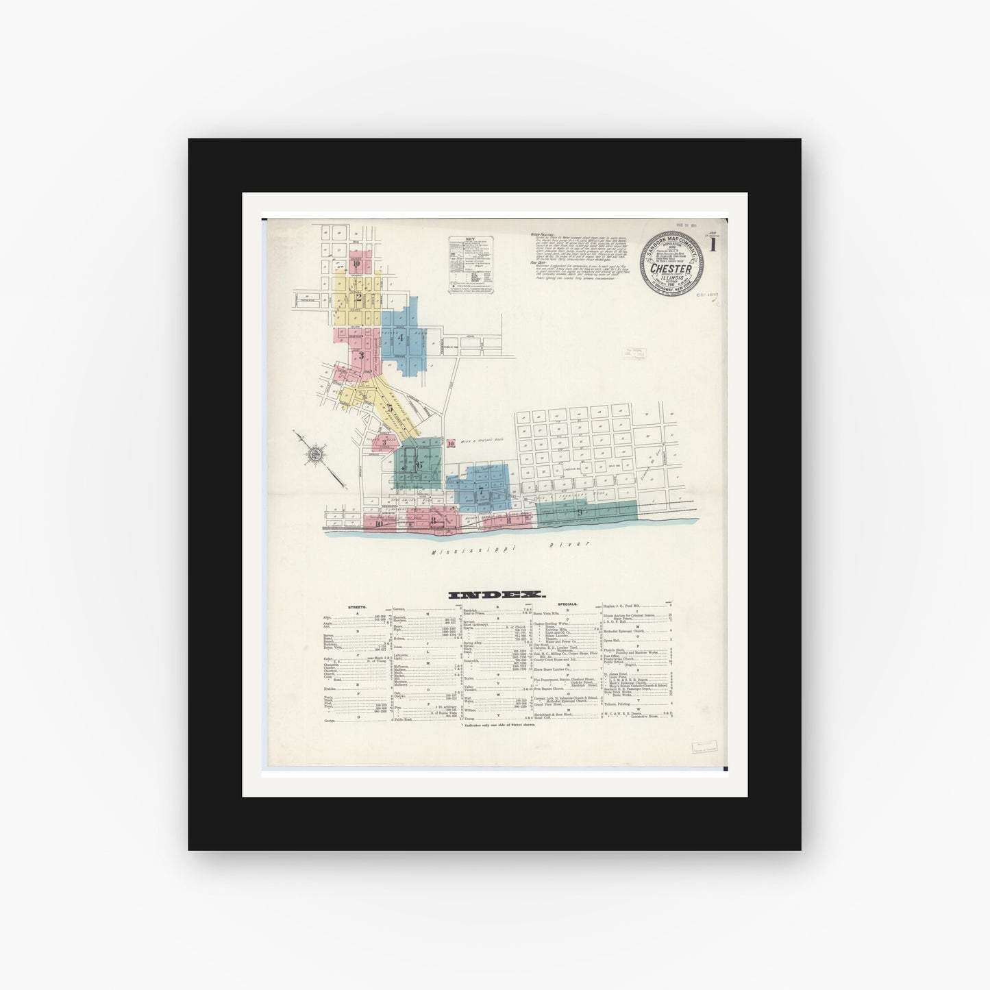 Old map wall art mockup — black gallery frame with white mat — Sanborn Fire Insurance Map from Chester, Randolph County, Illinois (1911), Sheet #0001