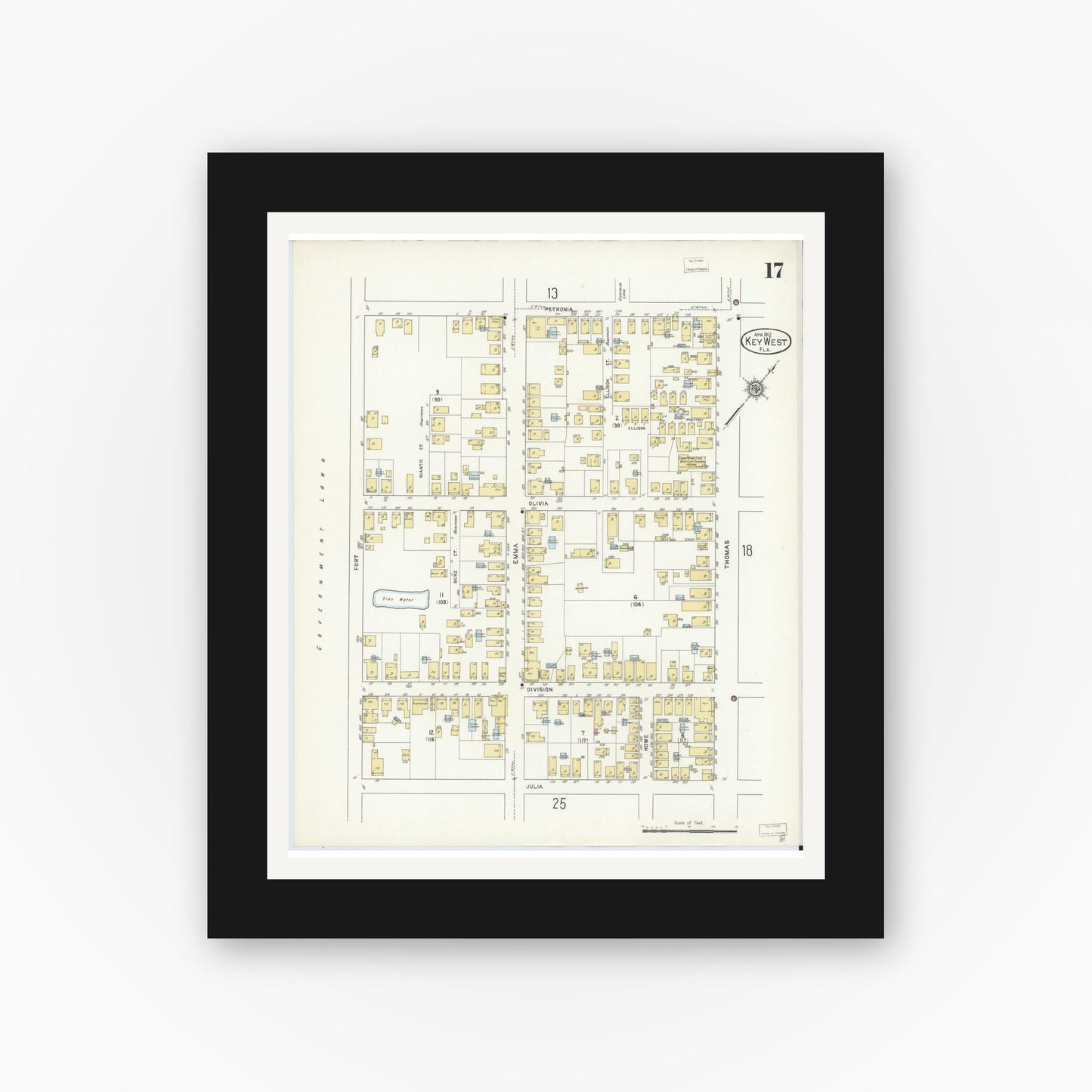 Old map wall art mockup — black gallery frame with white mat — Sanborn Fire Insurance Map from Key West, Monroe County, Florida (1912), Sheet #0017