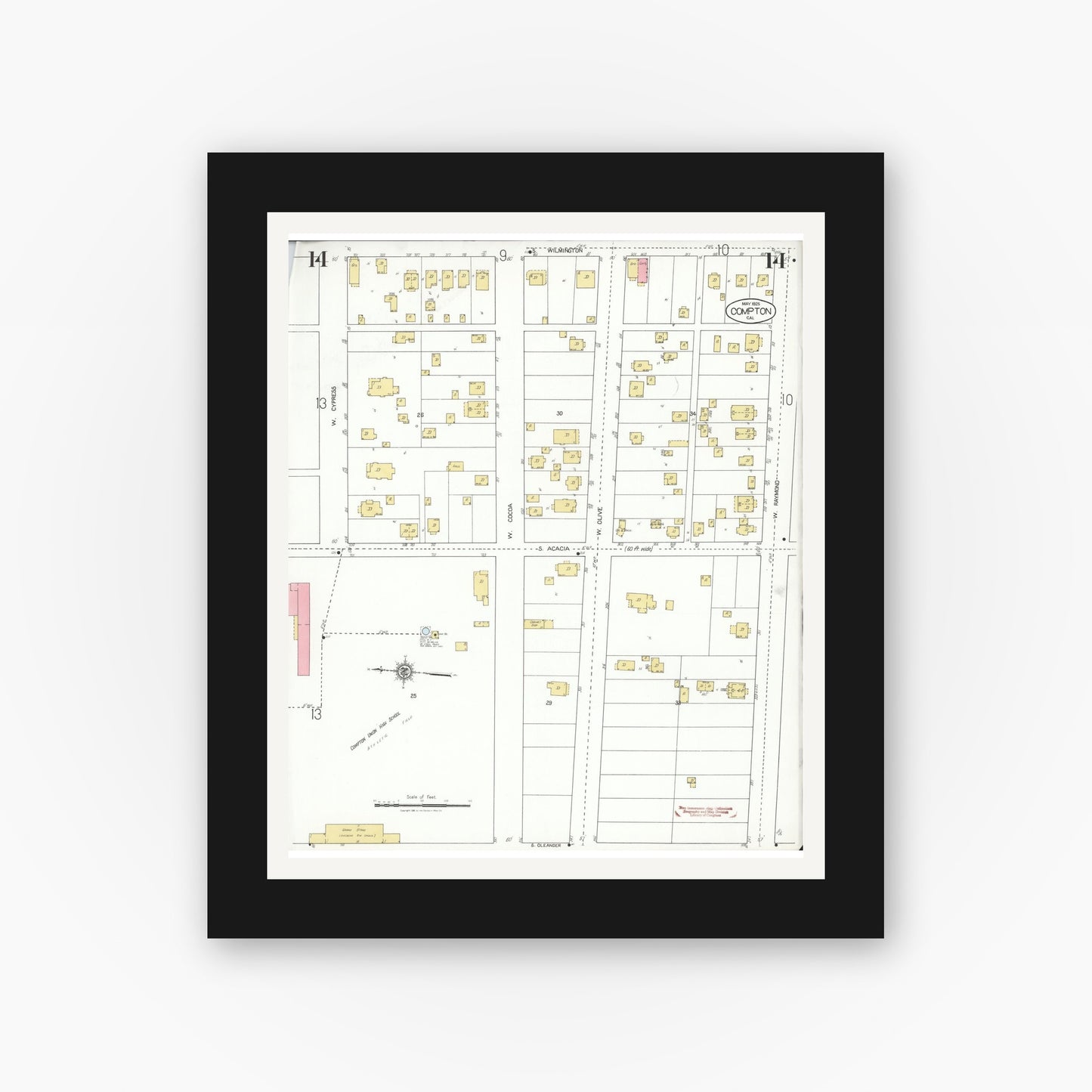 Old map wall art mockup — black gallery frame with white mat — Sanborn Fire Insurance Map from Compton, Los Angeles County, California (1925), Sheet #0014