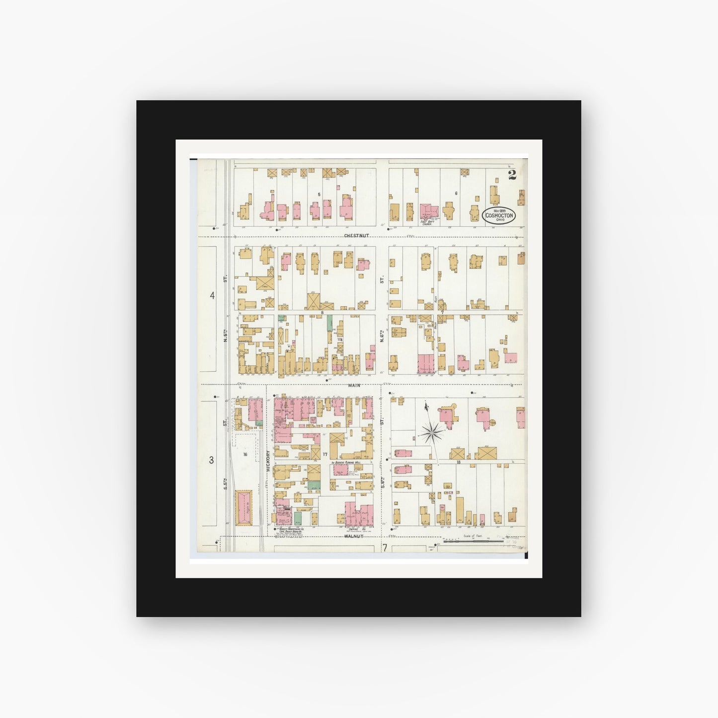 Old map wall art mockup — black gallery frame with white mat — Sanborn Fire Insurance Map from Coshocton, Coshocton County, Ohio (1899), Sheet #0002