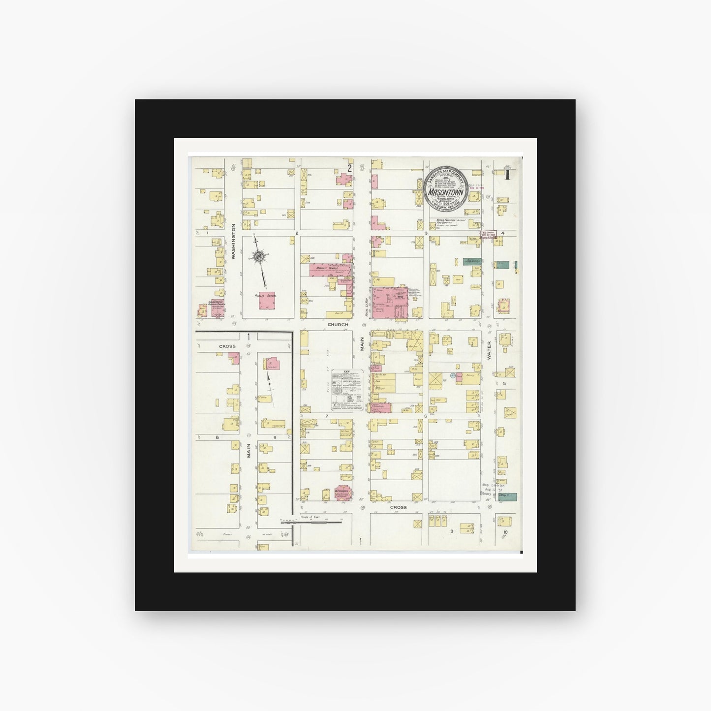Old map wall art mockup — black gallery frame with white mat — Sanborn Fire Insurance Map from Masontown, Fayette County, Pennsylvania (1909) - Complete Map Set