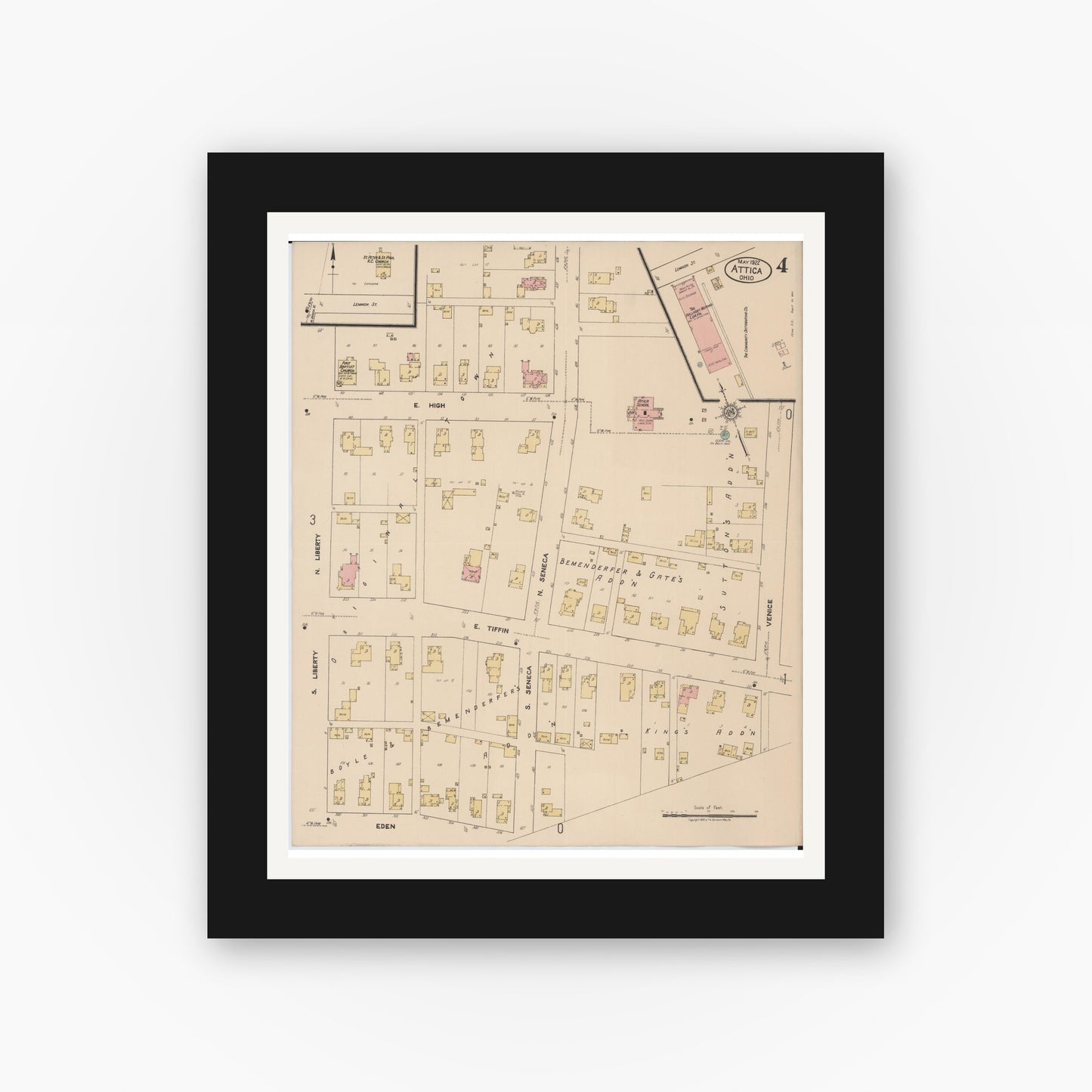Old map wall art mockup — black gallery frame with white mat — Sanborn Fire Insurance Map from Attica, Seneca County, Ohio (1922), Sheet #0004