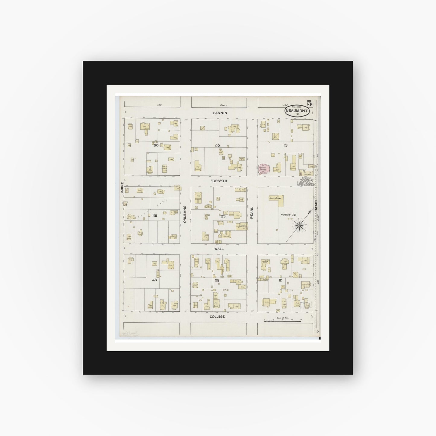 Old map wall art mockup — black gallery frame with white mat — Sanborn Fire Insurance Map from Beaumont, Jefferson County, Texas (1889), Sheet #0005