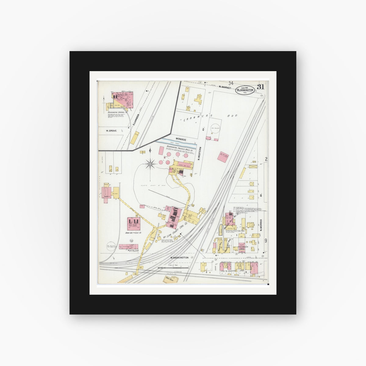 Old map wall art mockup — black gallery frame with white mat — Sanborn Fire Insurance Map from Bloomington, McLean County, Illinois (1901), Sheet #0031