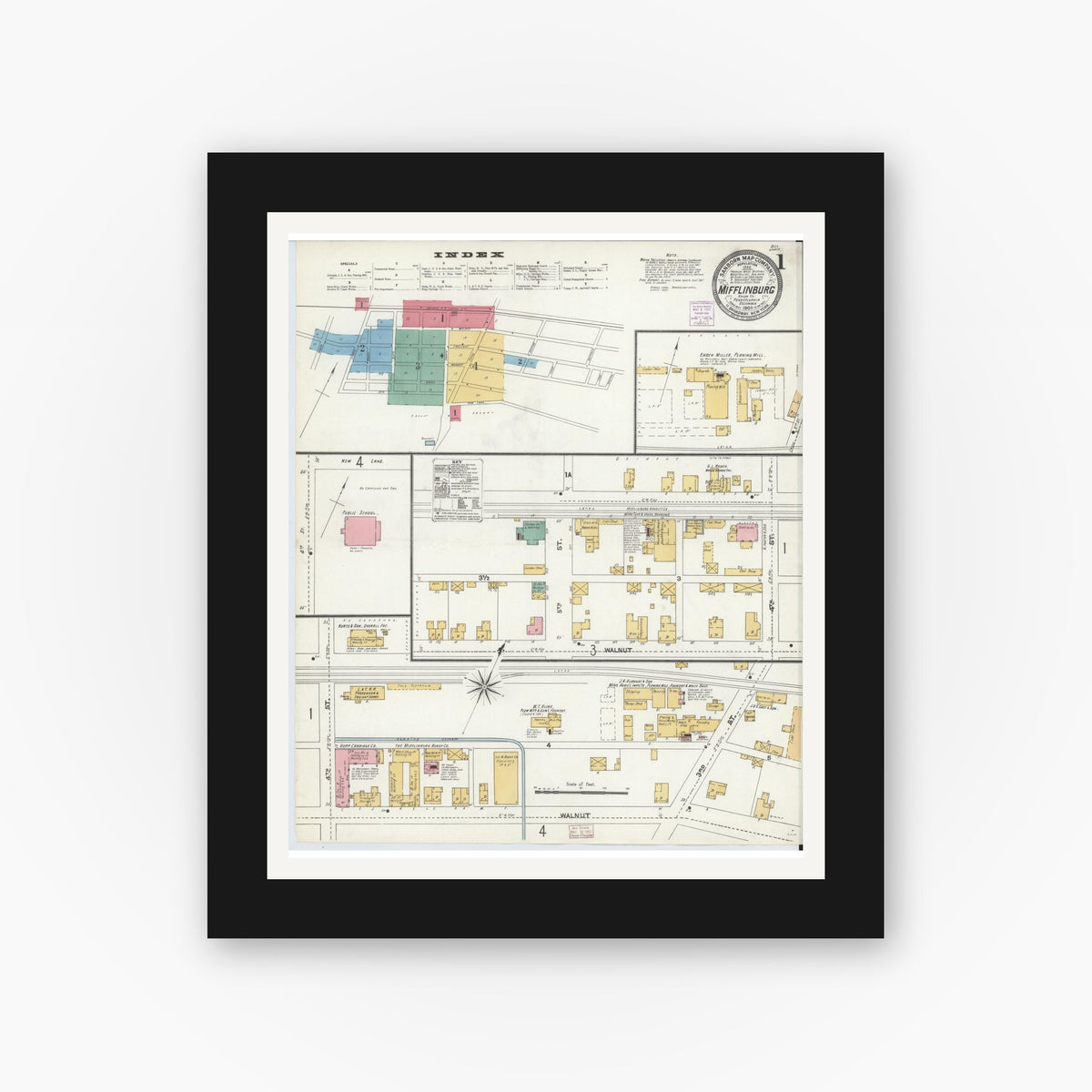 Old map wall art mockup — black gallery frame with white mat — Sanborn Fire Insurance Map from Mifflinburg, Union County, Pennsylvania (1906), Sheet #0001