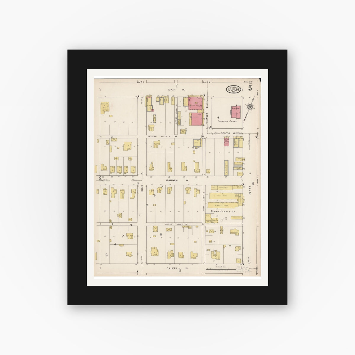 Old map wall art mockup — black gallery frame with white mat — Sanborn Fire Insurance Map from Uvalde, Uvalde County, Texas (1922), Sheet #0005
