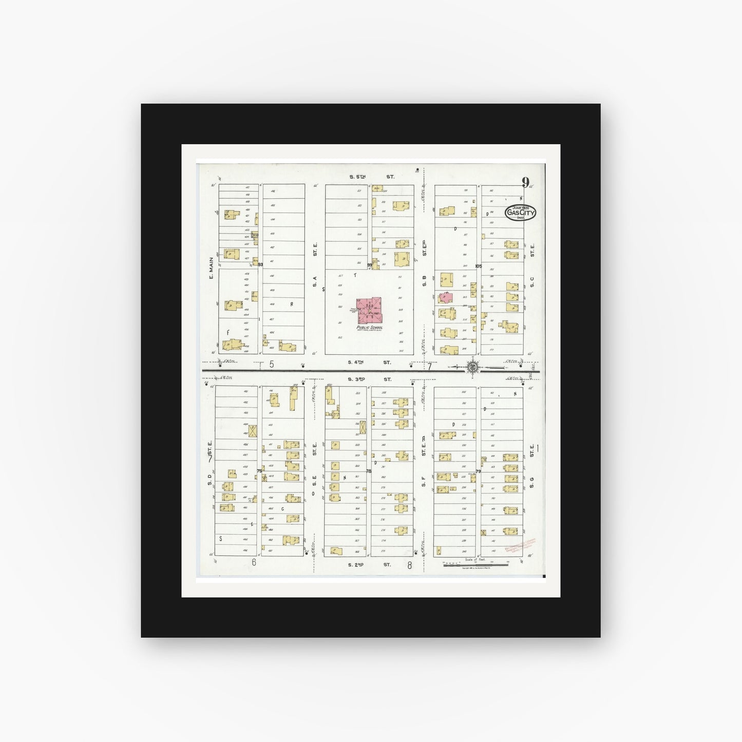 Old map wall art mockup — black gallery frame with white mat — Sanborn Fire Insurance Map from Gas City, Grant County, Indiana (1920), Sheet #0009