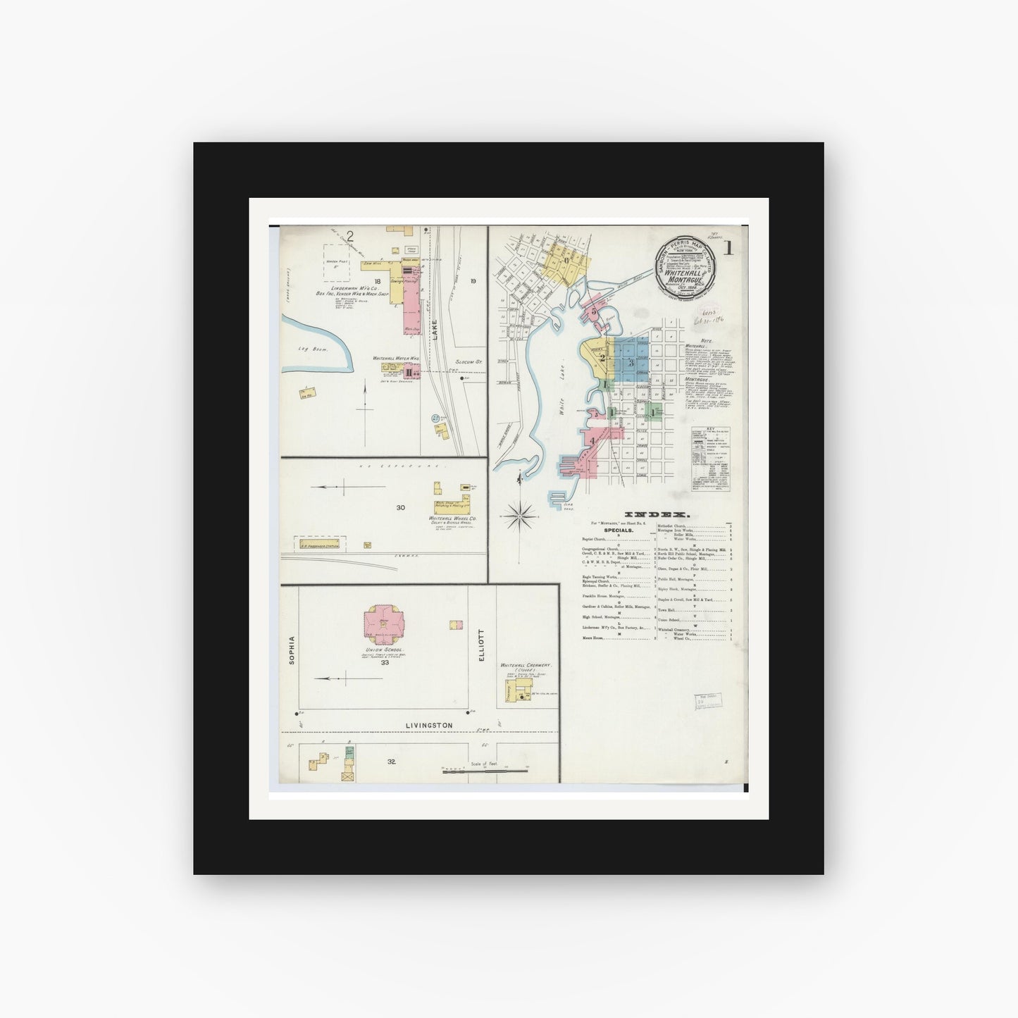 Old map wall art mockup — black gallery frame with white mat — Sanborn Fire Insurance Map from Whitehall, Muskegon County, Michigan (1896) - Complete Map Set