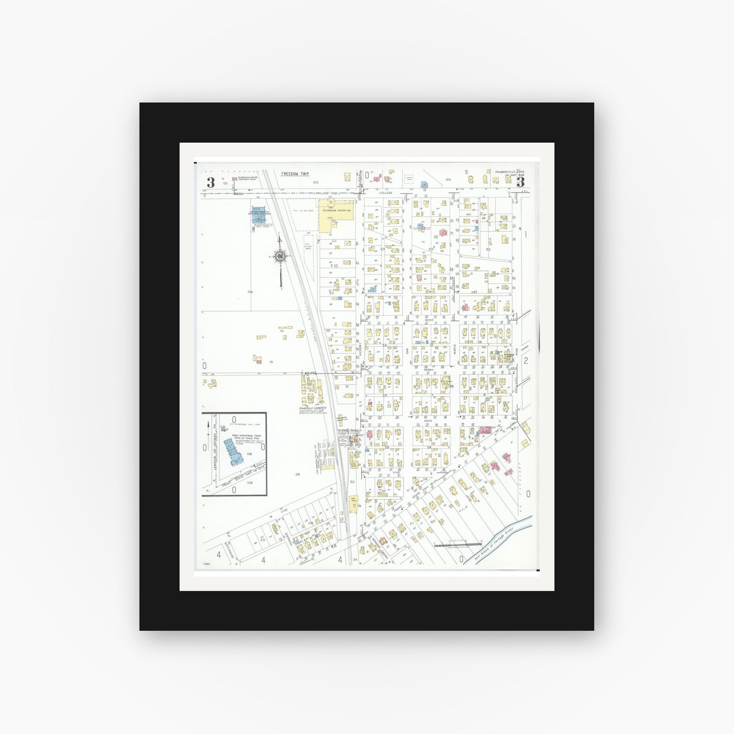 Old map wall art mockup — black gallery frame with white mat — Sanborn Fire Insurance Map from Pemberville, Wood County, Ohio (1948), Sheet #0003
